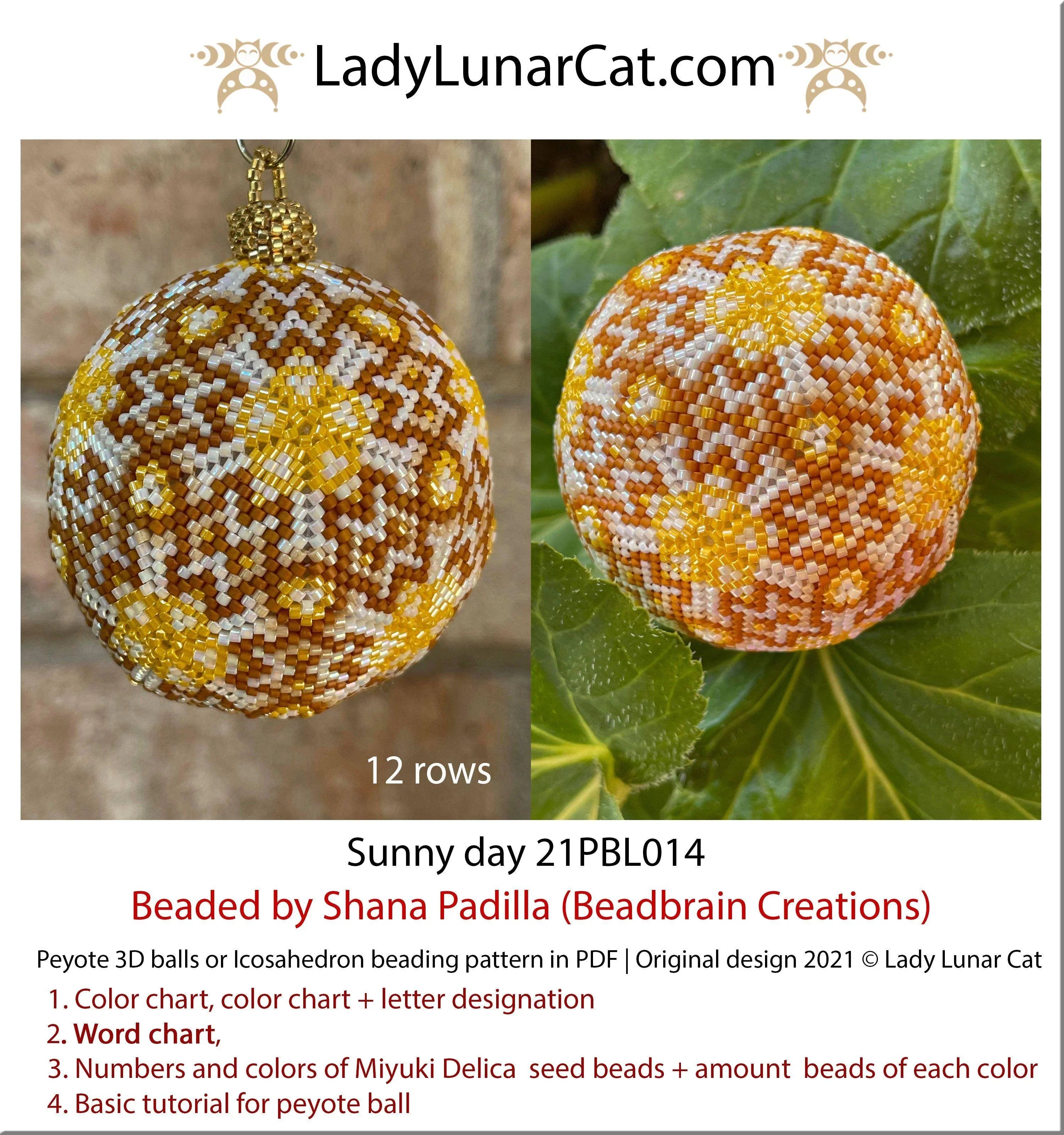 Sunny Day peyote 3D ball pattern PDF by Lady Lunar Cat — warm icosahedron 21PBL014
