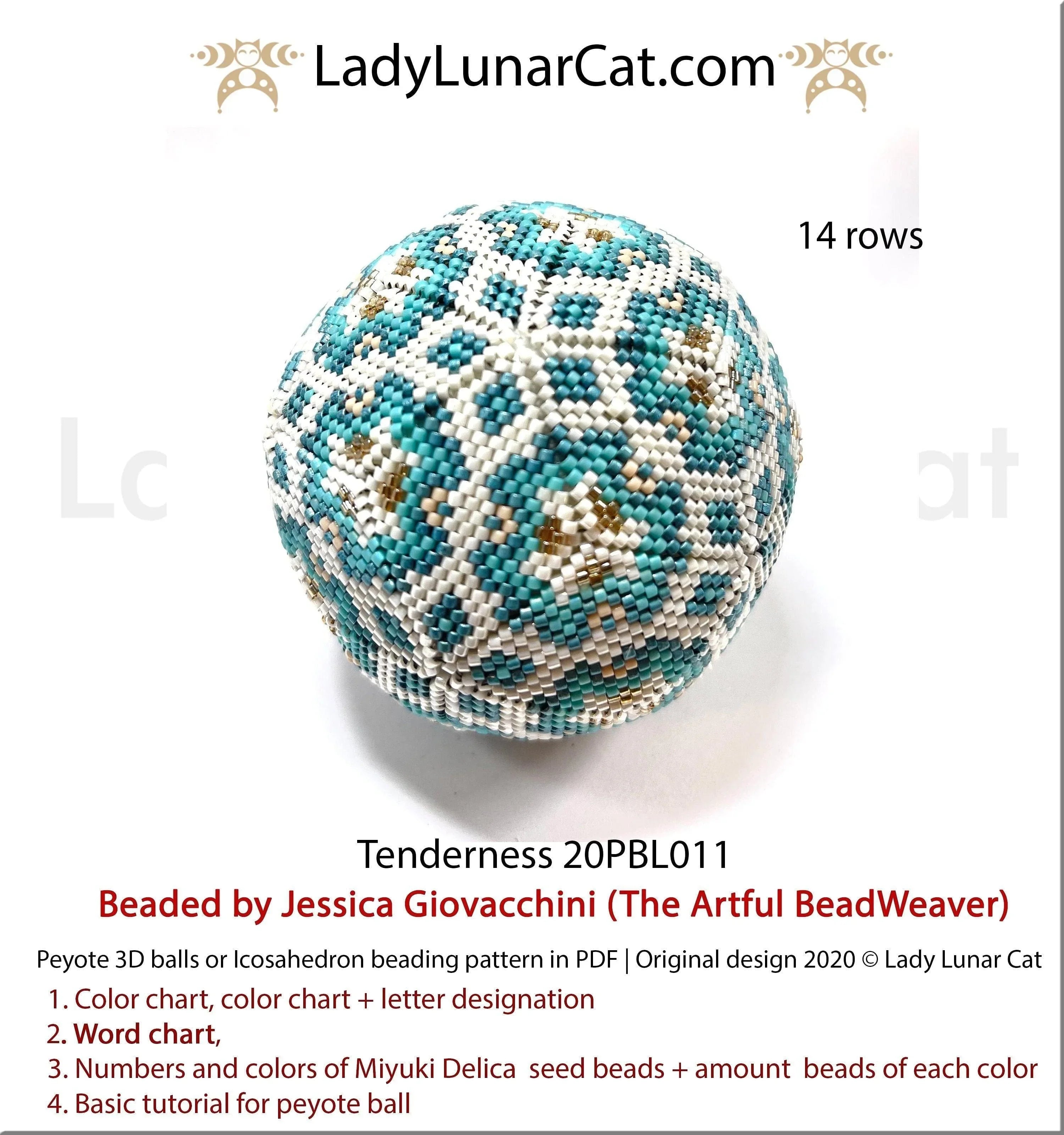 Tenderness peyote 3D ball pattern - icosahedron 14 rows 5 colors pastel turquoise PDF LadyLunarCat