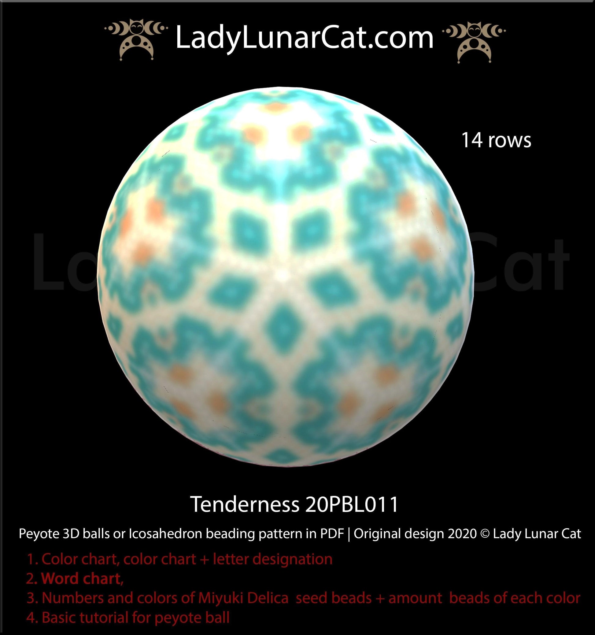 Peyote 3d ball pattern for beading | Beaded Icosahedron Tenderness 20PBL011 14 rows LadyLunarCat