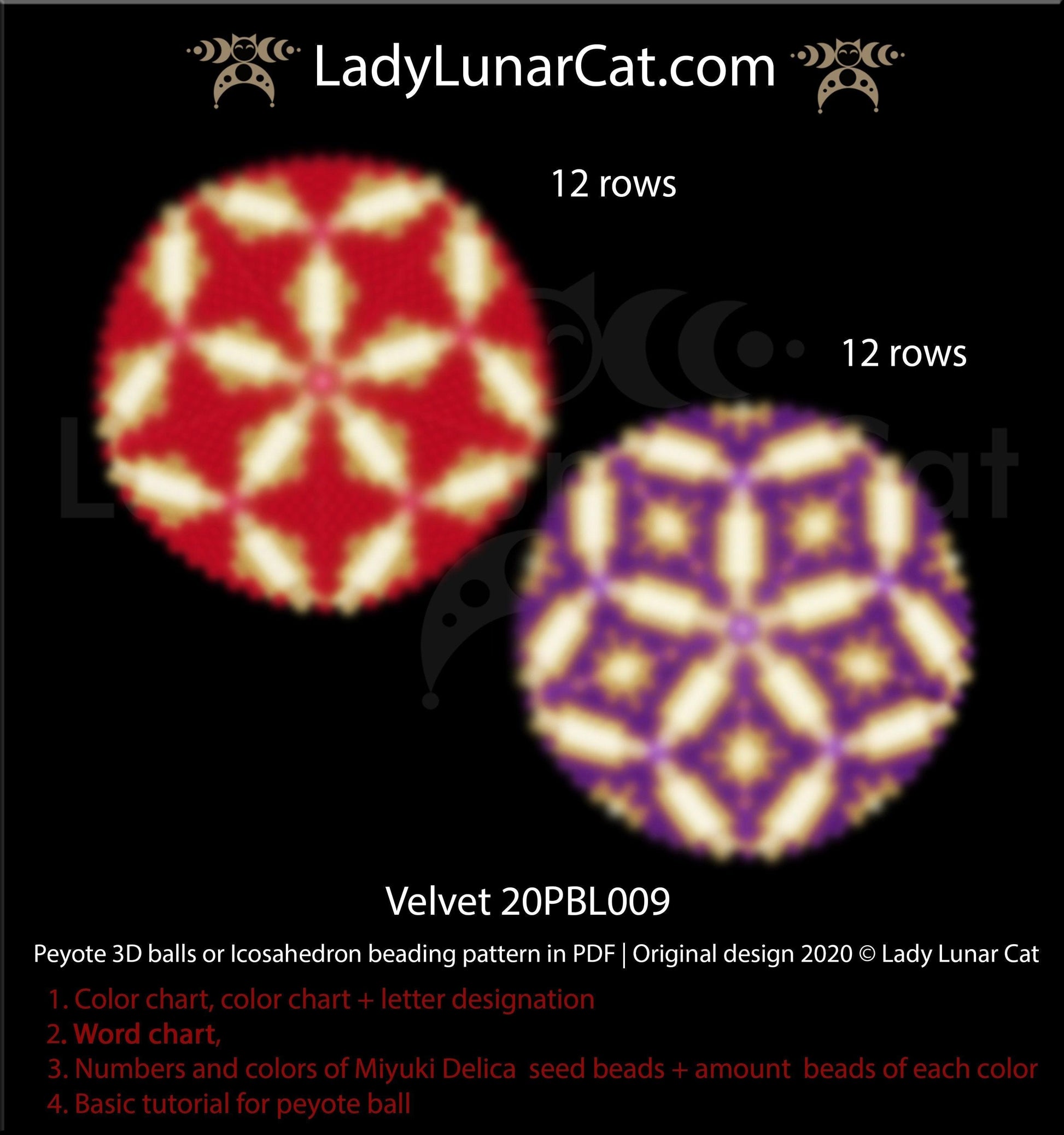 Peyote 3d ball pattern for beading | Beaded Icosahedron Velvet 20PBL009  12 rows LadyLunarCat