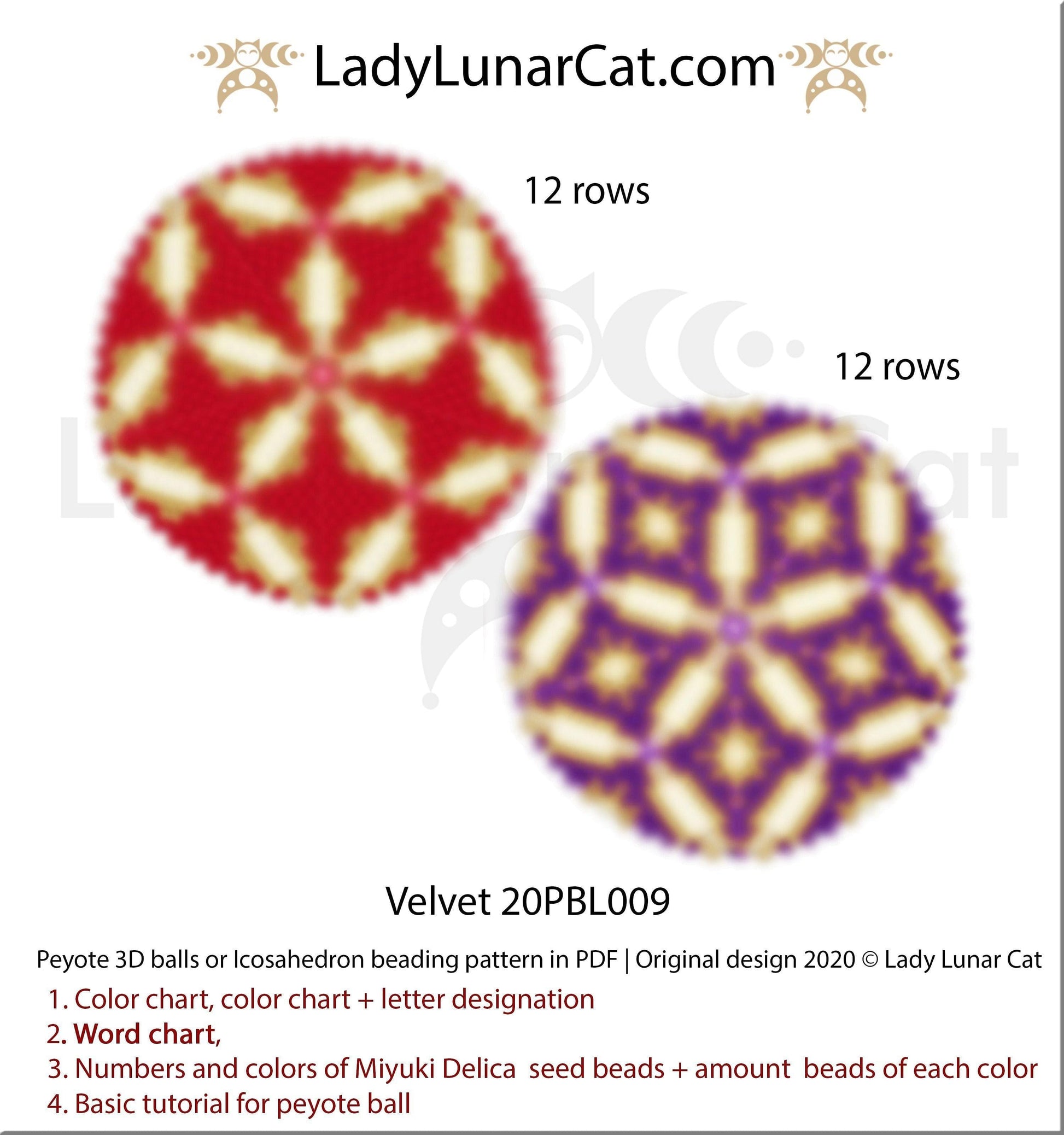 Peyote 3d ball pattern for beading | Beaded Icosahedron Velvet 20PBL009  12 rows LadyLunarCat