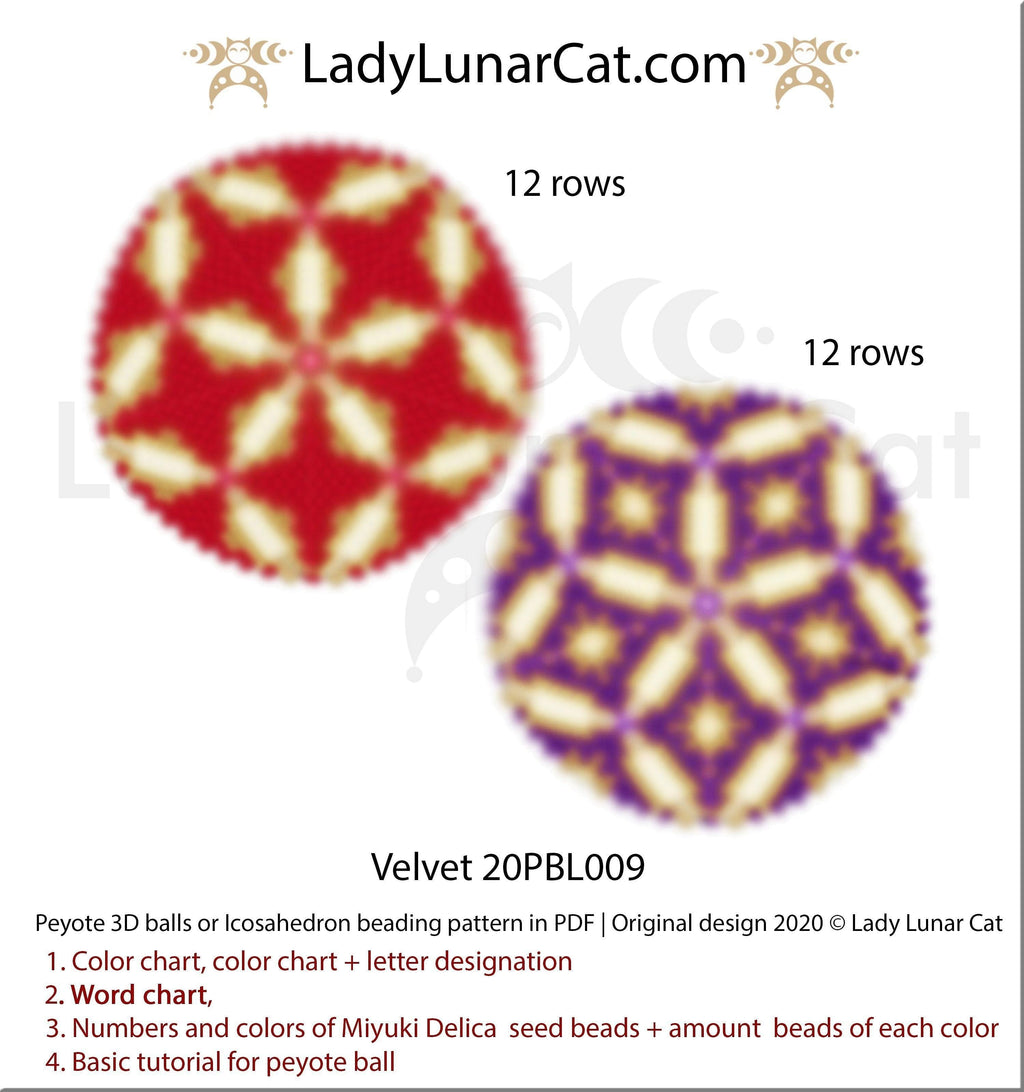 Peyote 3d ball pattern for beading | Beaded Icosahedron Velvet 20PBL009  12 rows LadyLunarCat