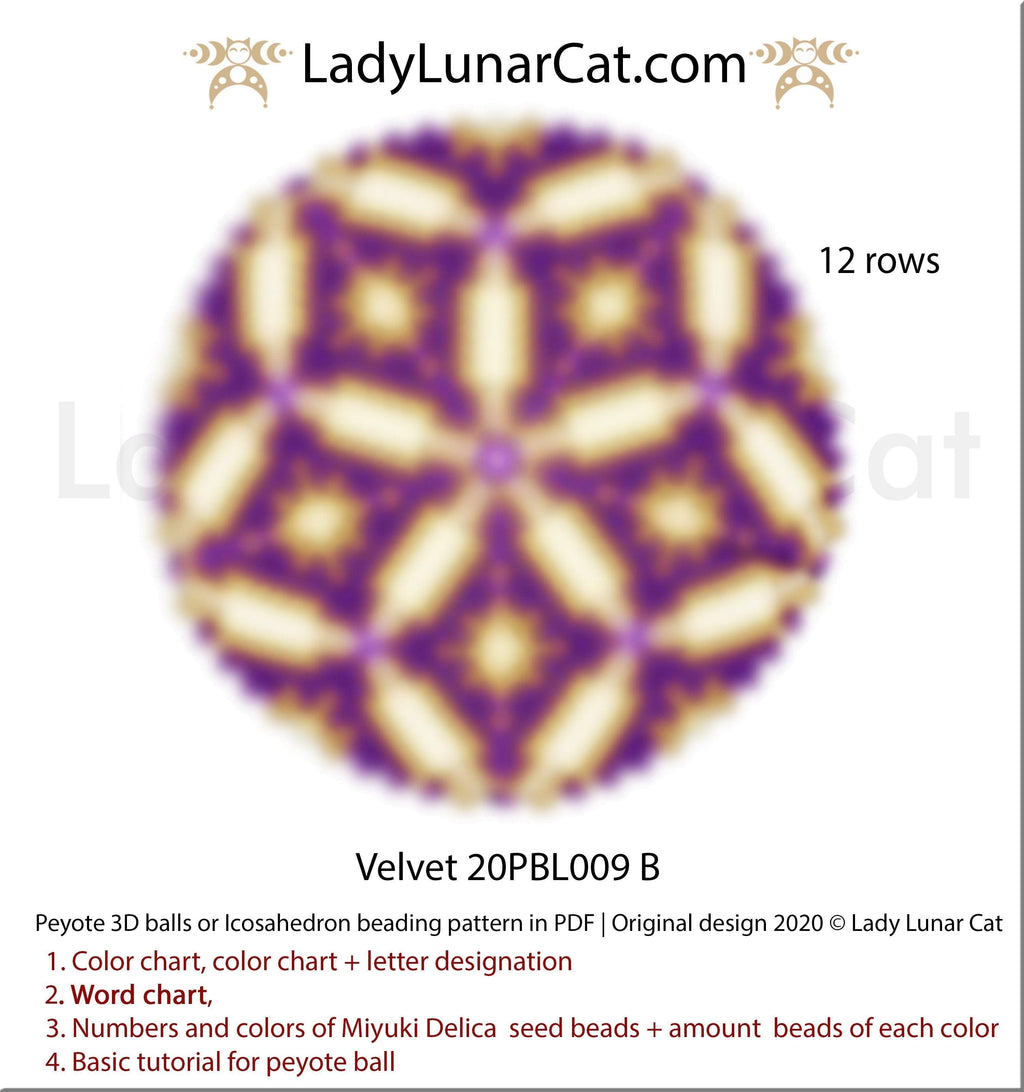 Peyote 3d ball pattern for beading | Beaded Icosahedron Velvet 20PBL009  12 rows LadyLunarCat