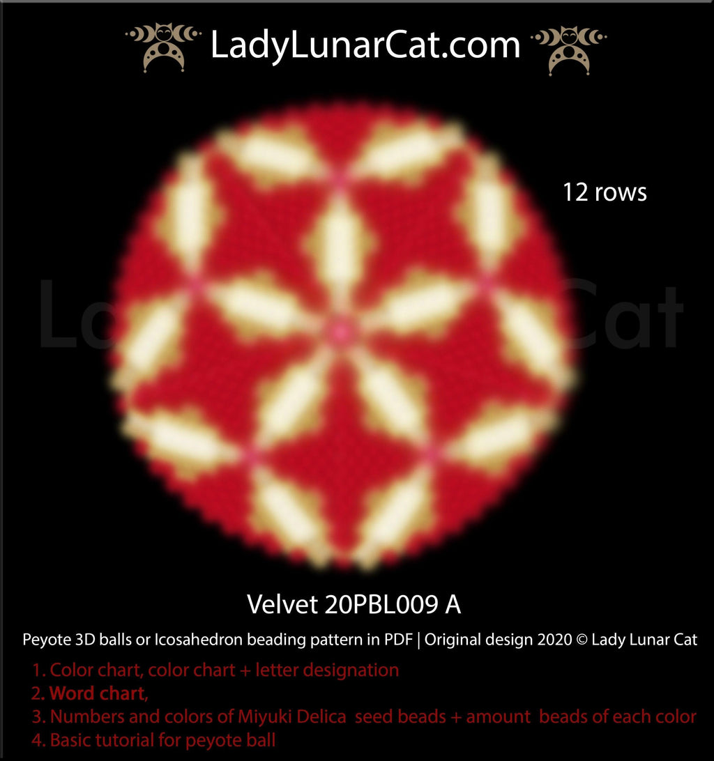 Peyote 3d ball pattern for beading | Beaded Icosahedron Velvet 20PBL009  12 rows LadyLunarCat