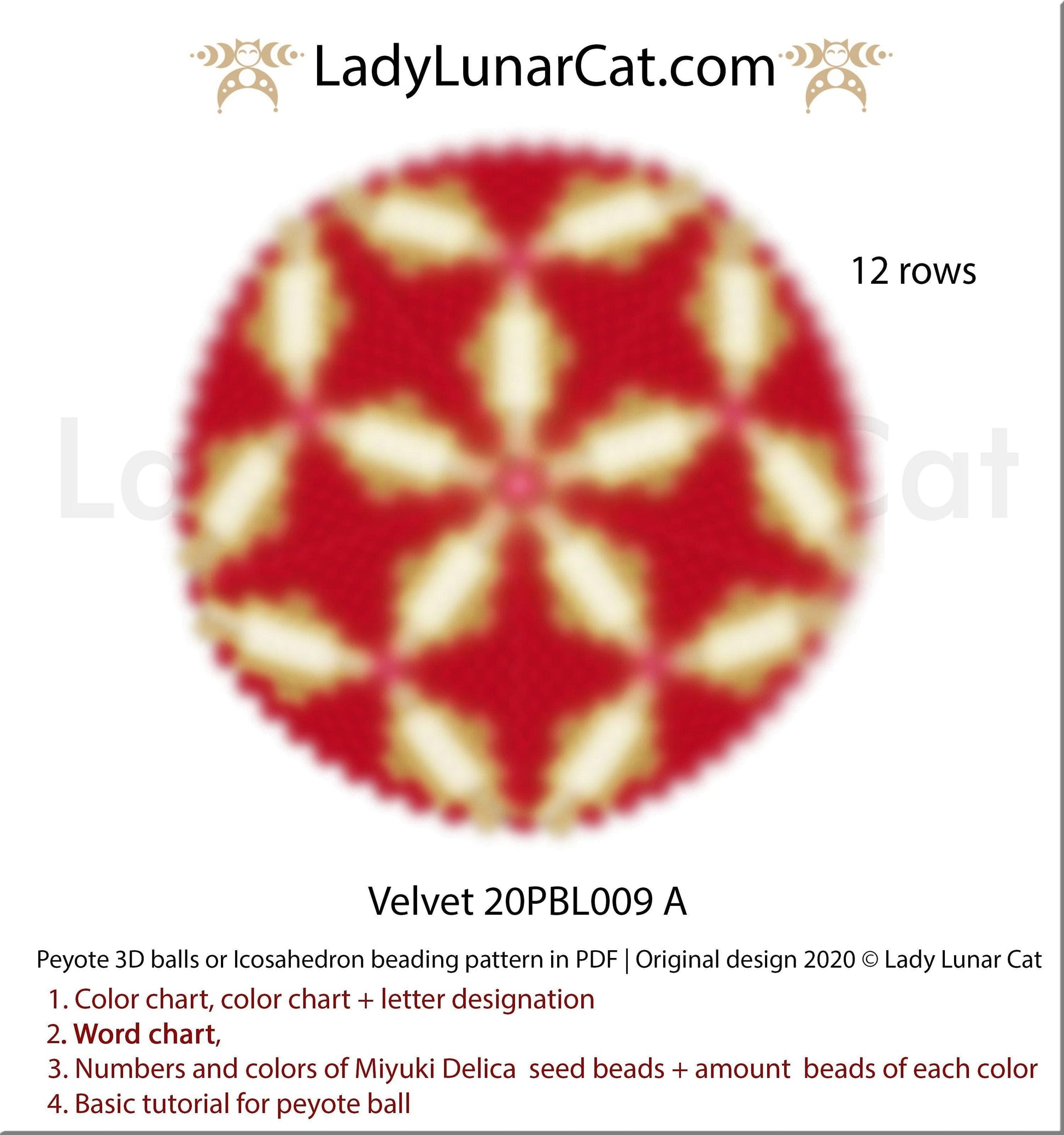Peyote 3d ball pattern for beading | Beaded Icosahedron Velvet 20PBL009  12 rows LadyLunarCat