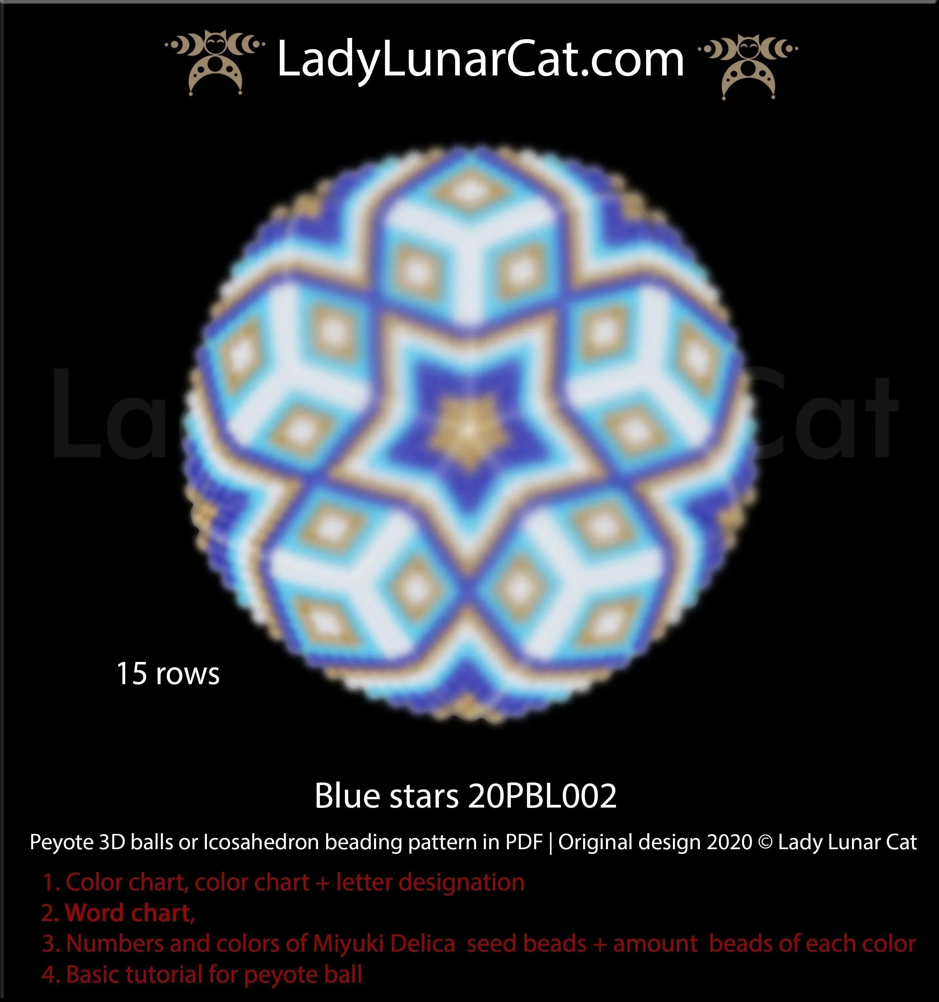 Blue stars peyote 3D ball by Lady Lunar Cat — celestial icosahedron beading PDF 20PBL002LadyLunarCat