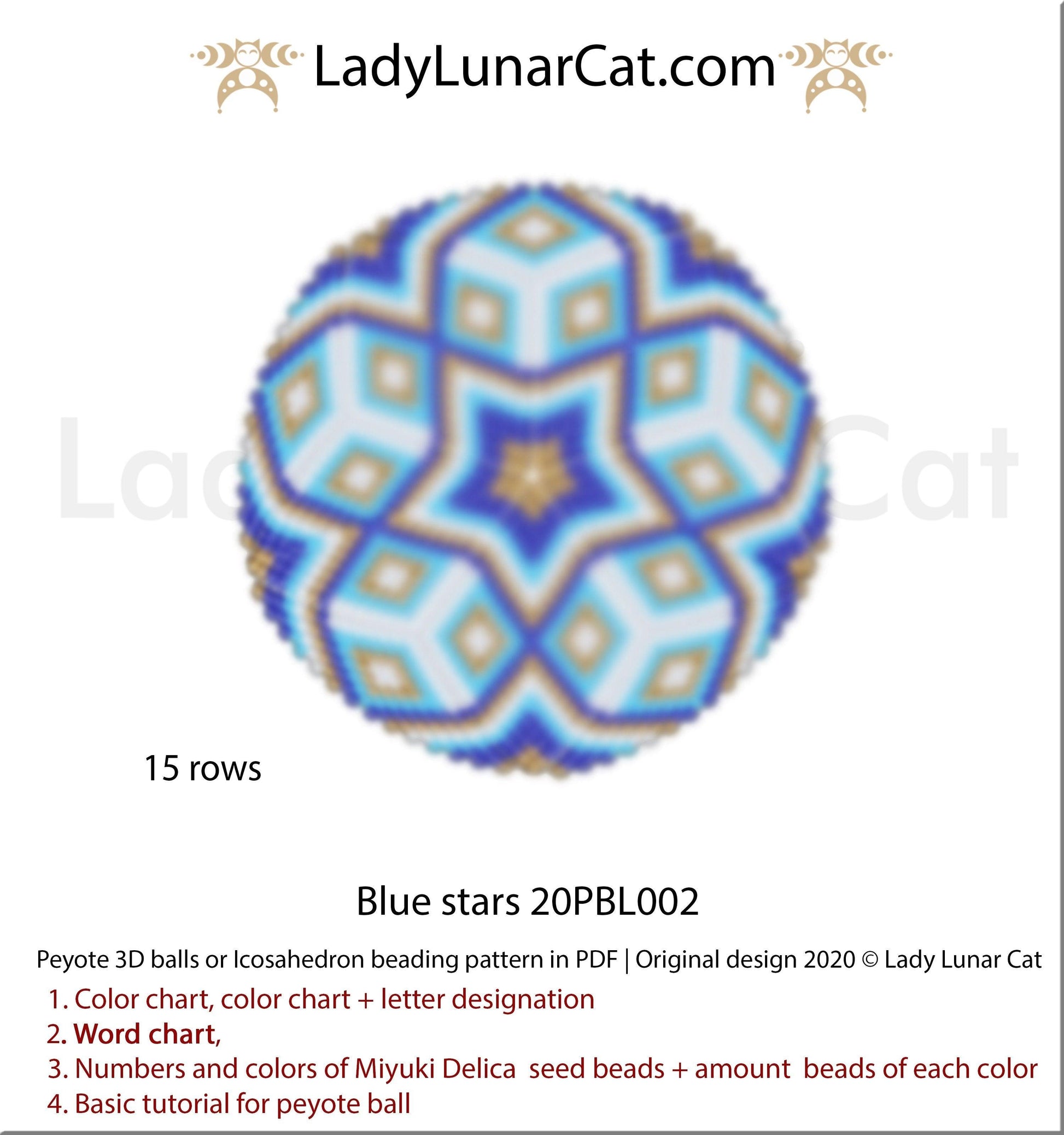 Peyote 3d ball pattern for beadweaving | Beaded Icosahedron Blue stars 20PBL002 15 rows LadyLunarCat