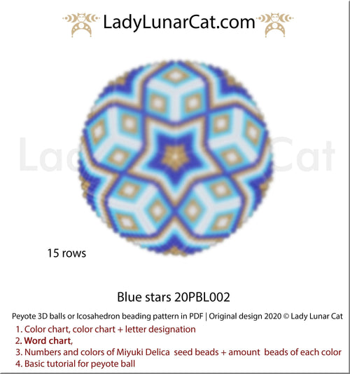 Beaded blue stars icosahedron ball — celestial geometric mandala peyote beading LadyLunarCatLadyLunarCat