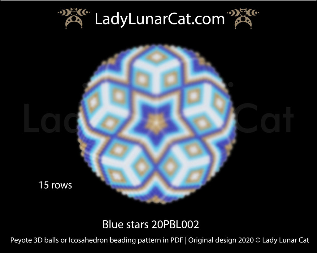 Peyote 3d ball pattern for beadweaving | Beaded Icosahedron Blue stars 20PBL002 15 rows LadyLunarCat