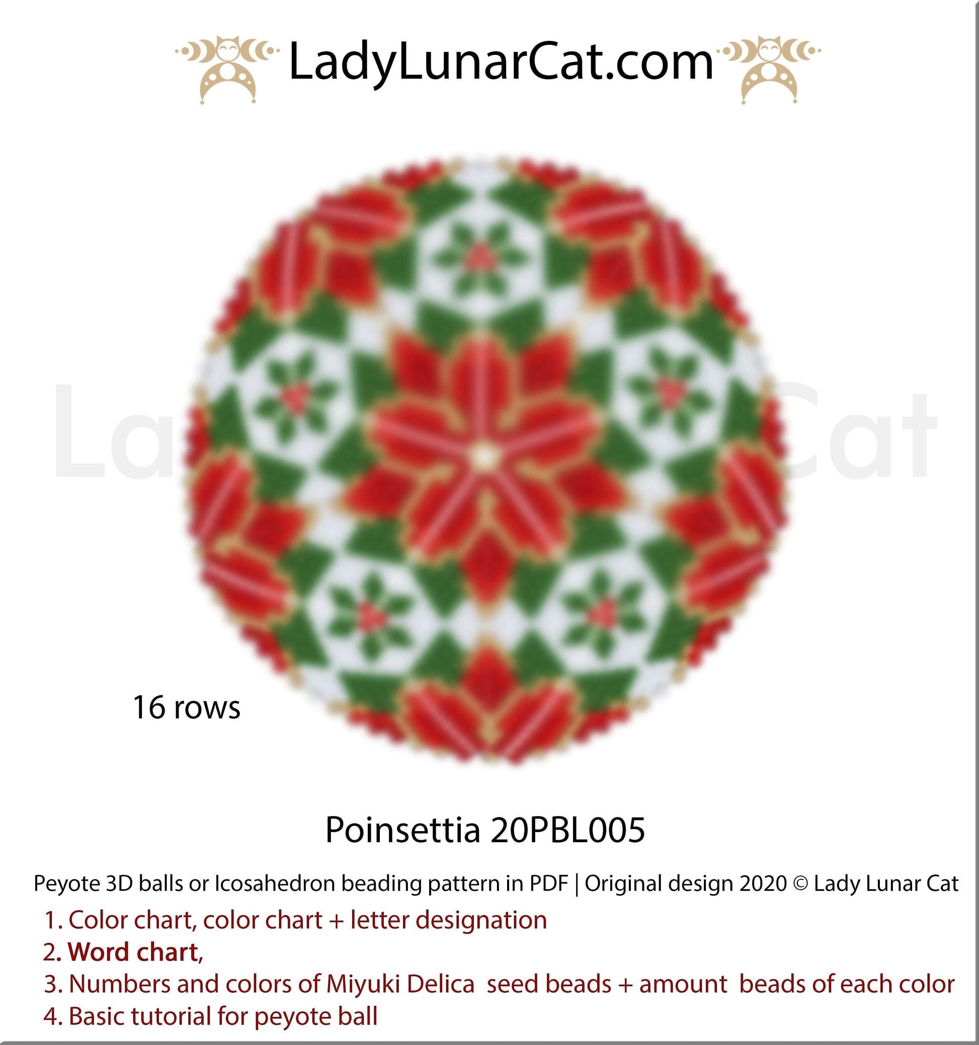 Copy of Peyote 3d ball pattern for beadweaving | Beaded Icosahedron Poinsettia 20PBL005 16 rows LadyLunarCat