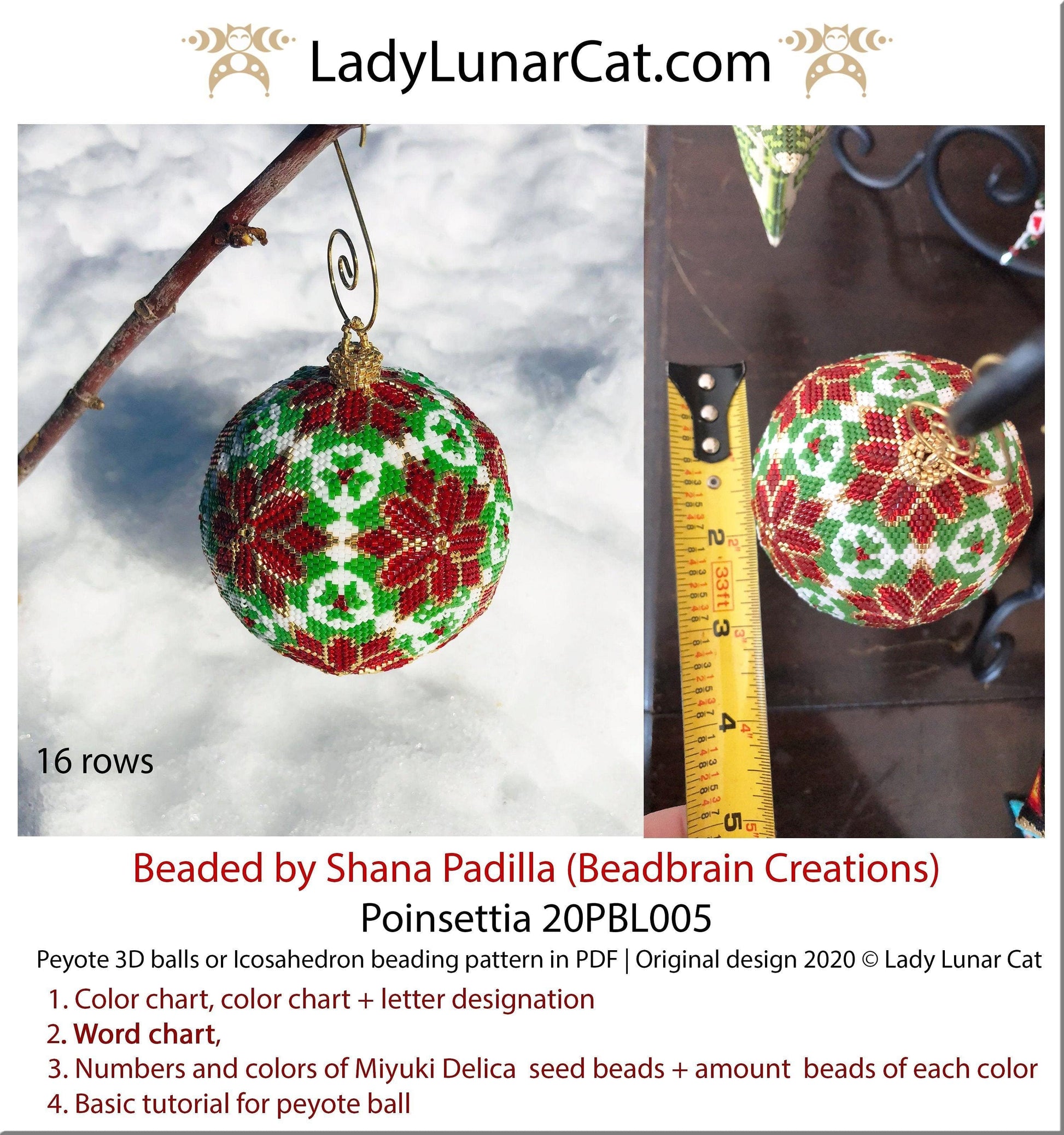 Copy of Peyote 3d ball pattern for beadweaving | Beaded Icosahedron Poinsettia 20PBL005 16 rows LadyLunarCat