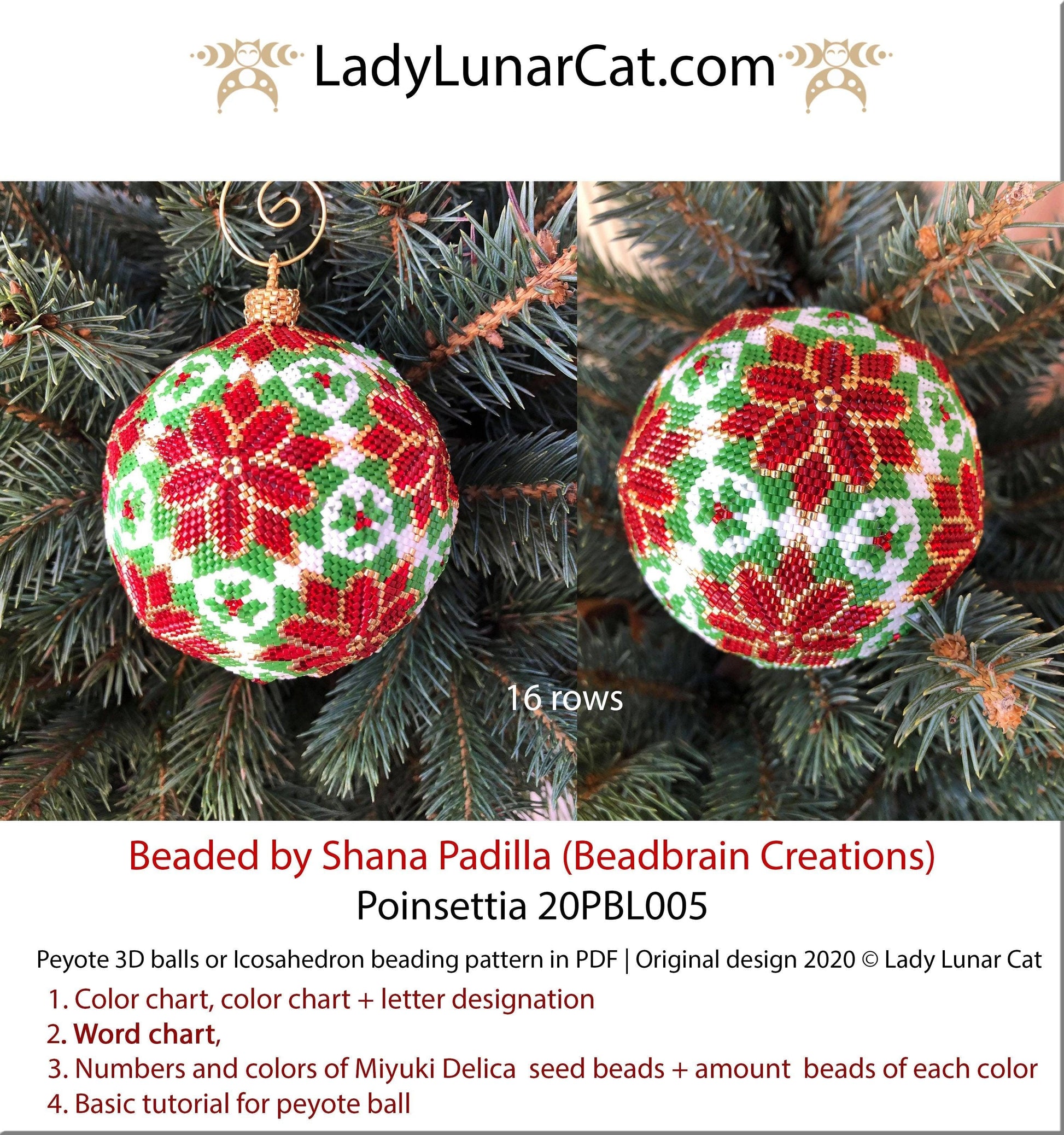 Copy of Peyote 3d ball pattern for beadweaving | Beaded Icosahedron Poinsettia 20PBL005 16 rows LadyLunarCat