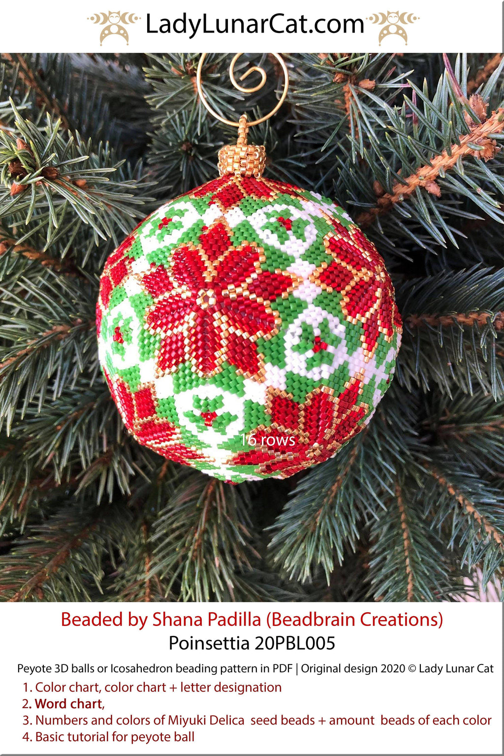 Copy of Peyote 3d ball pattern for beadweaving | Beaded Icosahedron Poinsettia 20PBL005 16 rows LadyLunarCat