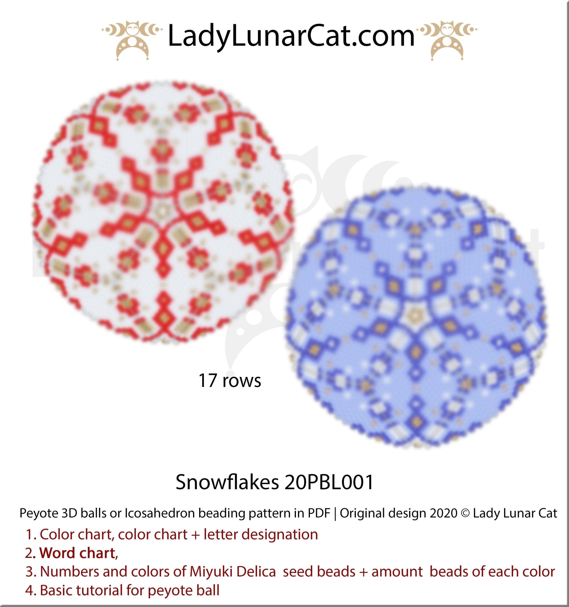 Peyote 3d ball pattern for beadweaving | Beaded Icosahedron Snowflakes 20PBL001 17 rows LadyLunarCat