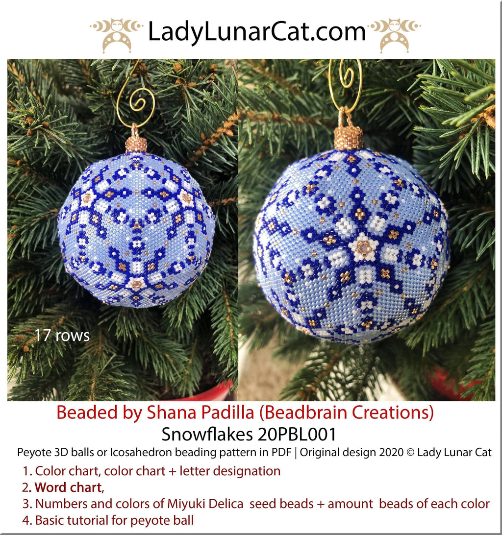 Peyote 3d ball pattern for beadweaving | Beaded Icosahedron Snowflakes 20PBL001 17 rows LadyLunarCat