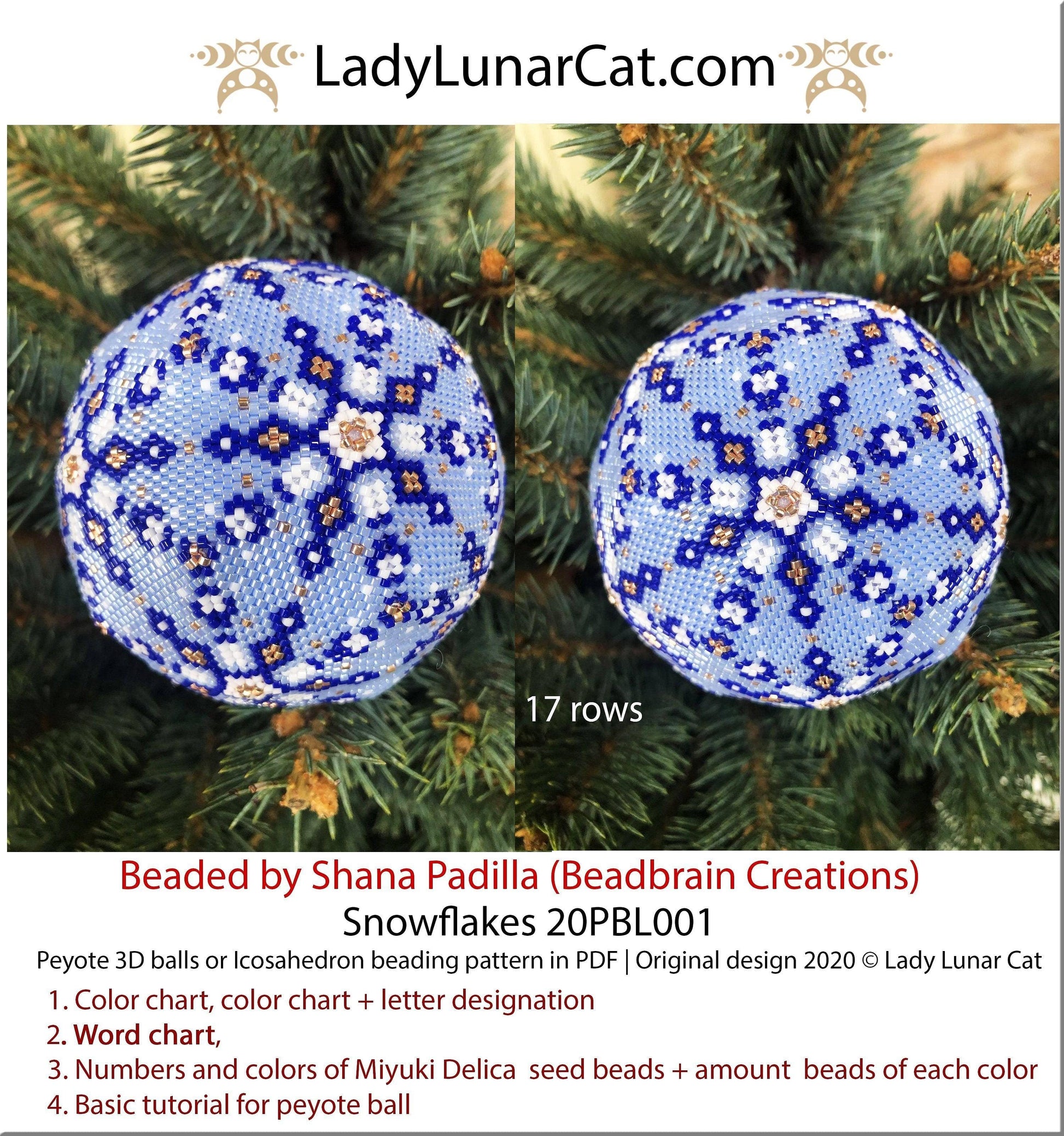 Peyote 3d ball pattern for beadweaving | Beaded Icosahedron Snowflakes 20PBL001 17 rows LadyLunarCat