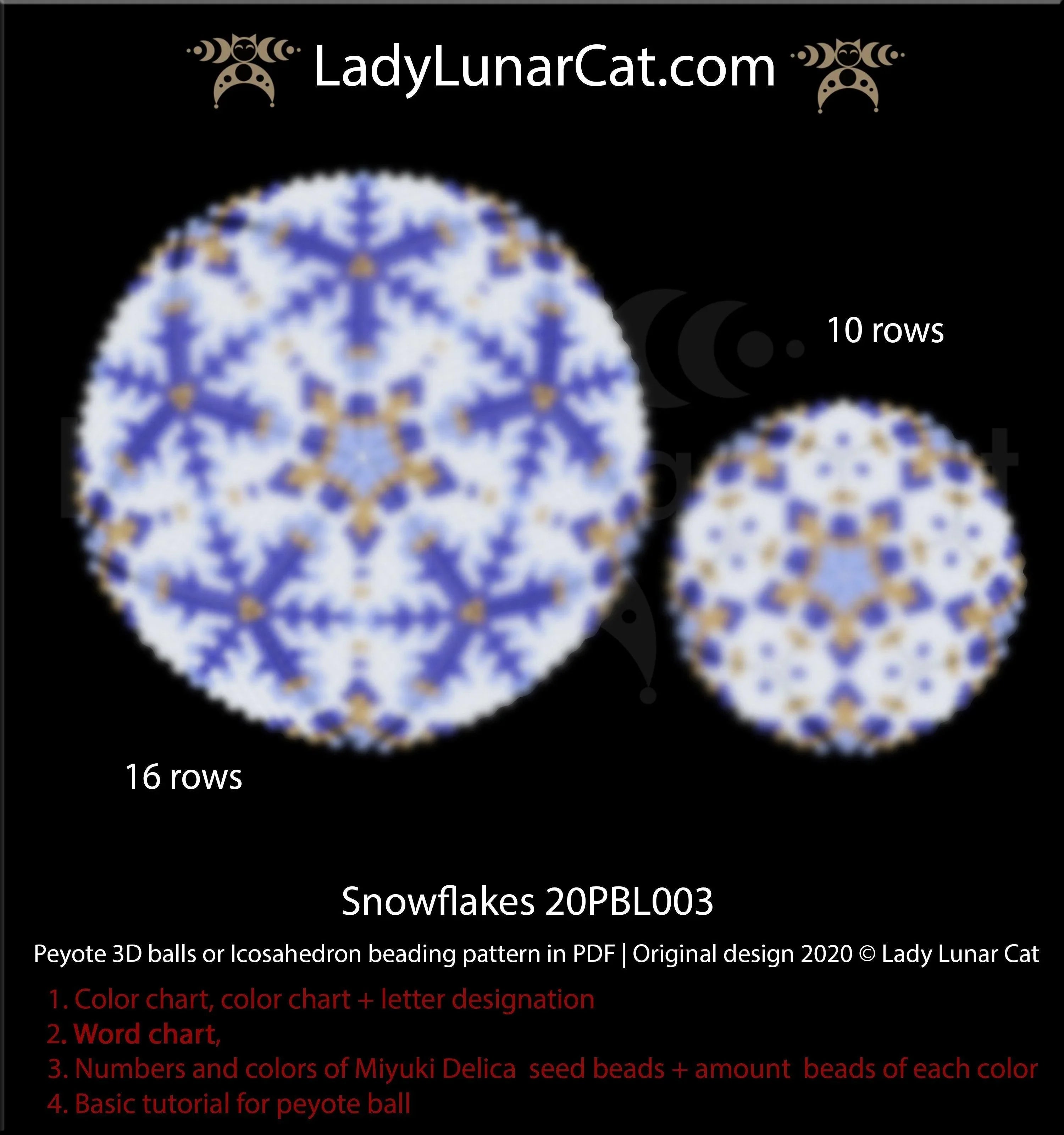Snowflakes peyote icosahedron ball — 2 sizes, 16 & 10 rows, Christmas ornament, Miyuki Delica 11/0