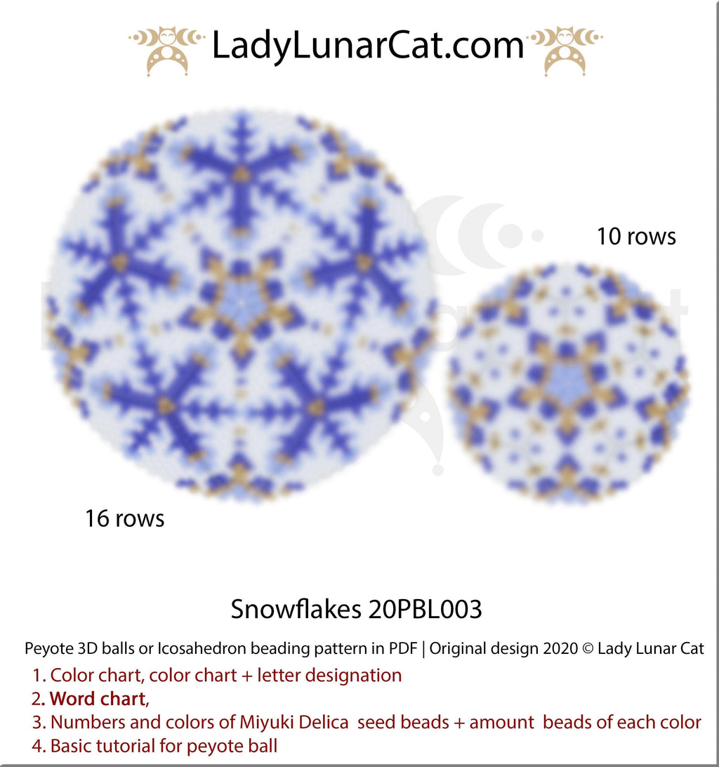 Peyote 3d ball pattern for beadweaving | Beaded Icosahedron Snowflakes 20PBL003 16 rows and 10 rows LadyLunarCat