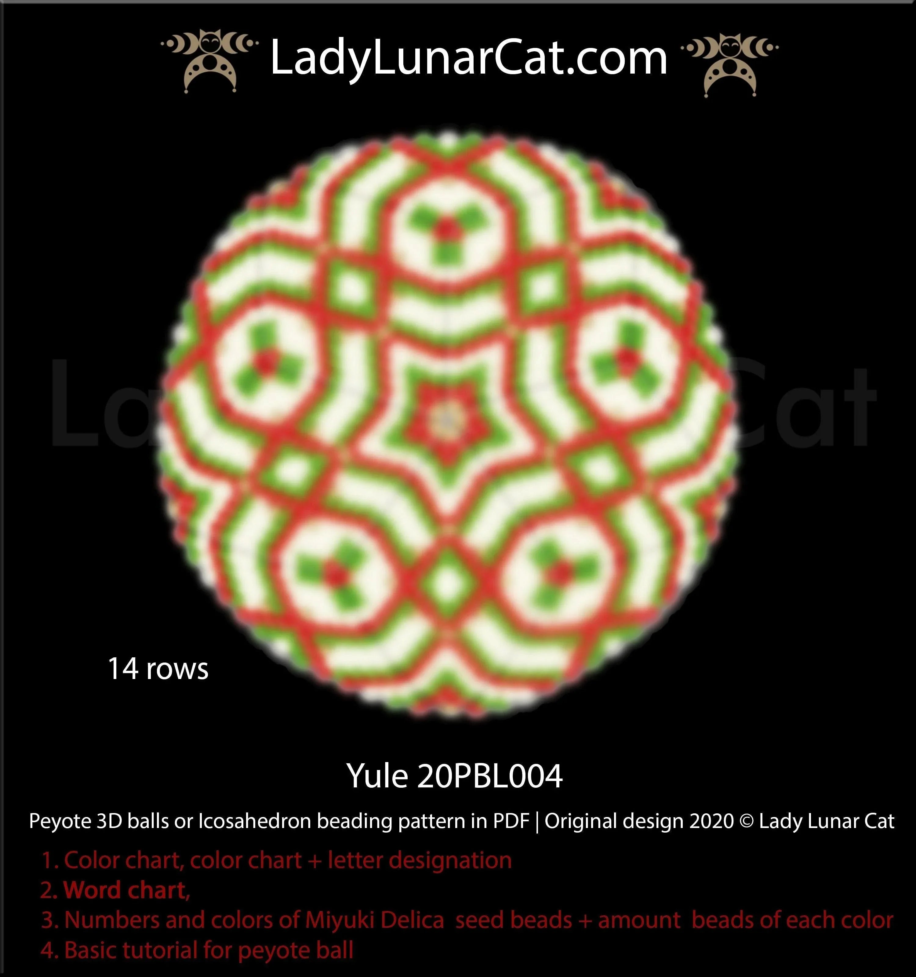 Yule icosahedron peyote ball — green leaves red ribbons winter solstice Christmas ornament LadyLunarCat