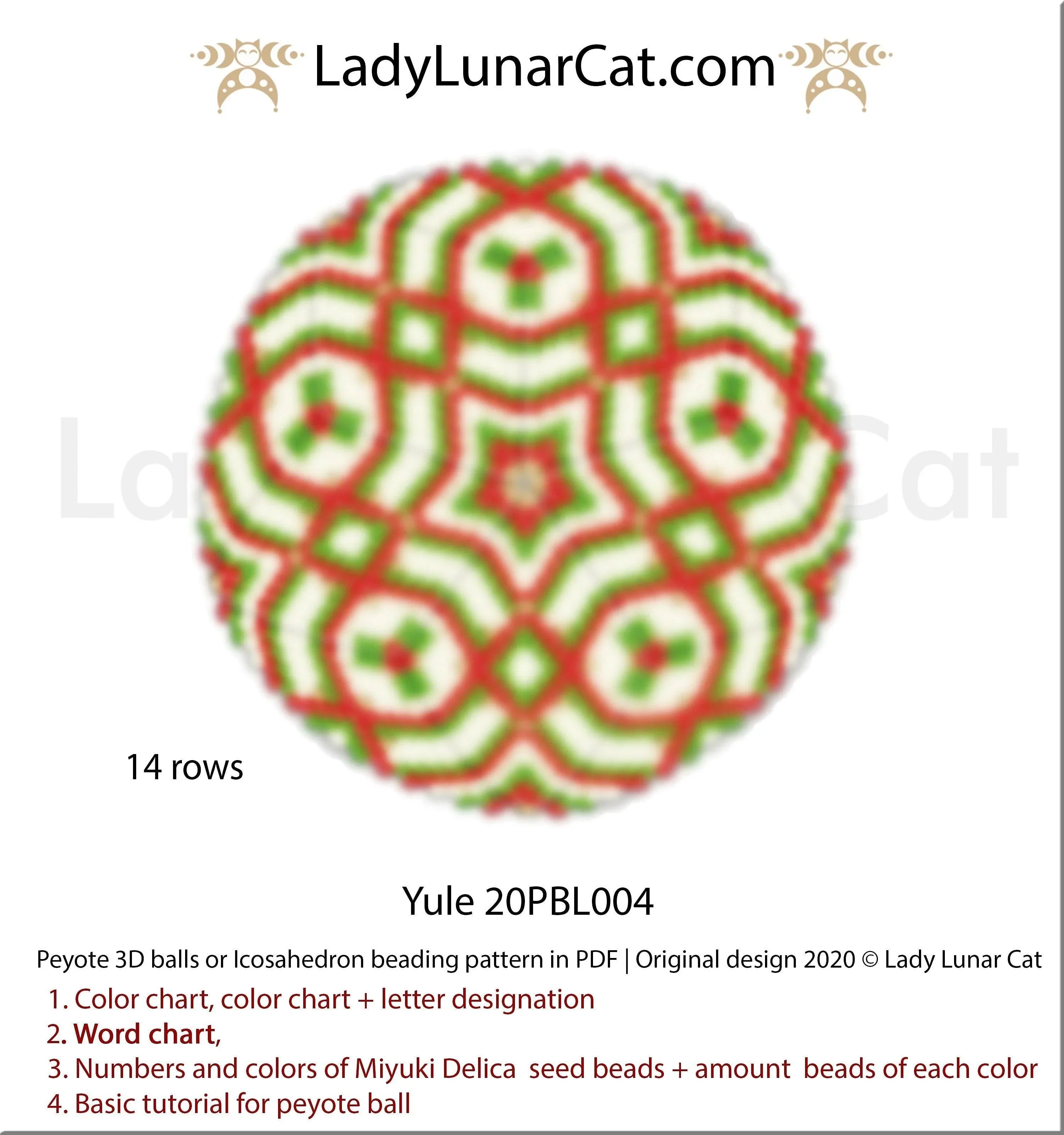 Yule peyote 3D ball by Lady Lunar Cat — green leaves red ribbons winter solstice beading PDF 20PBL004