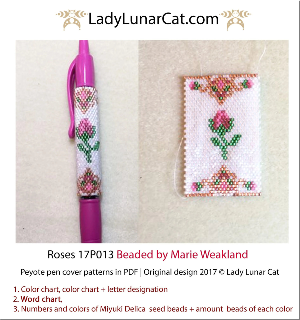 Roses peyote pen cover and rings set - 2 variations vintage floral PDF LadyLunarCat
