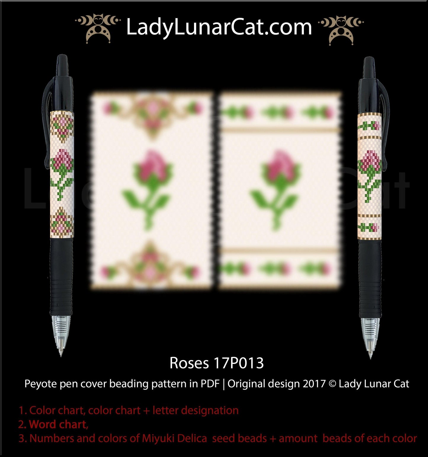 Peyote Roses Pen cover beading pattern 17P013 LadyLunarCat
