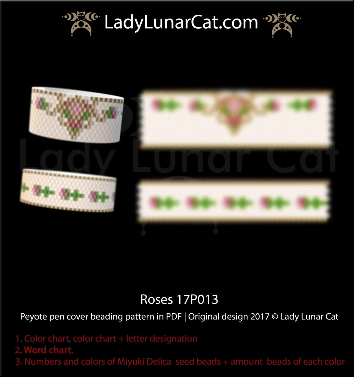 Roses pen cover rings pattern chart - word chart bead legend 20 pages PDF LadyLunarCat