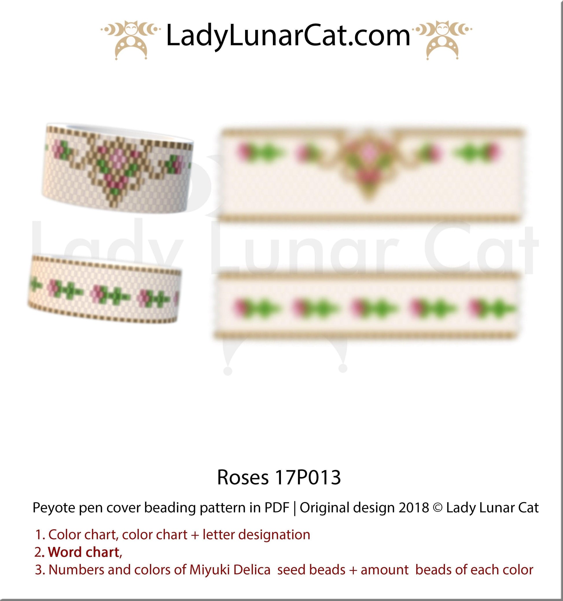 Peyote Roses Pen cover beading pattern 17P013 LadyLunarCat