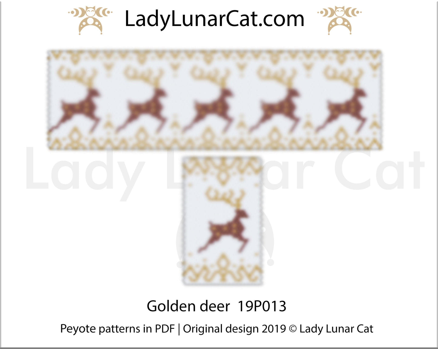 Peyote bracelet pattern for beading - Golden deer 19P013 | Winter pen cover pattern LadyLunarCat