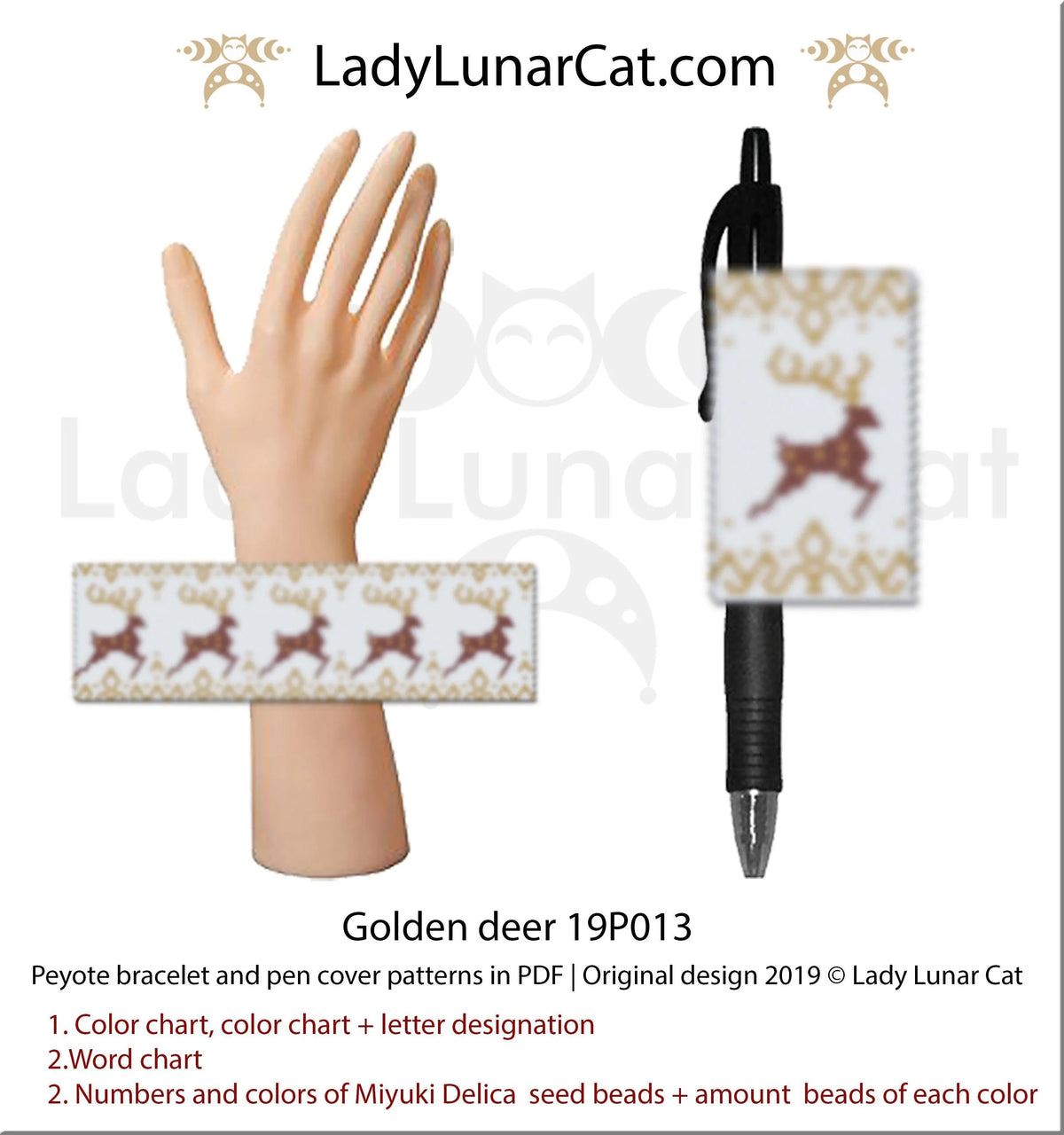 Golden deer peyote bracelet pen cover by Lady Lunar Cat — Christmas vintage gift beading PDF 19P013