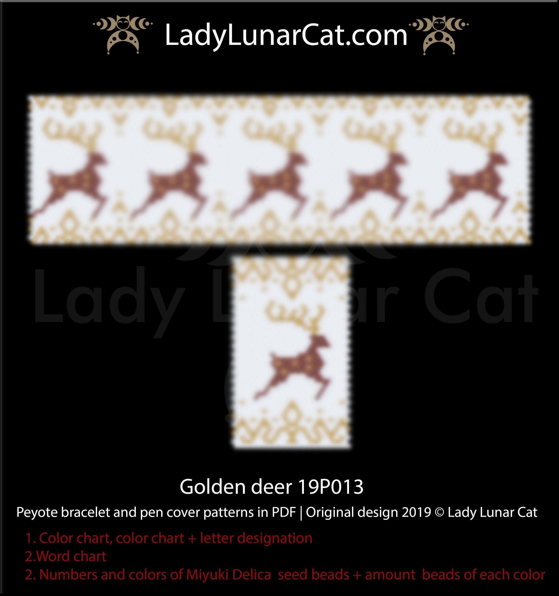 Peyote bracelet pattern for beading - Golden deer 19P013 | Winter pen cover pattern LadyLunarCat