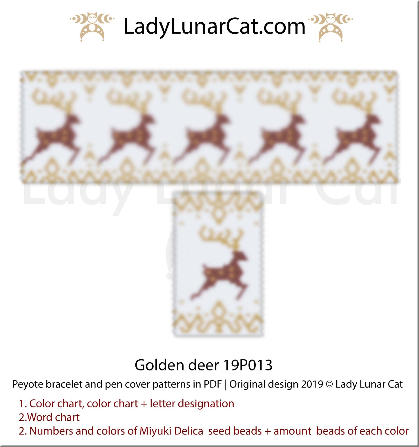 Peyote bracelet pattern for beading - Golden deer 19P013 | Winter pen cover pattern LadyLunarCat