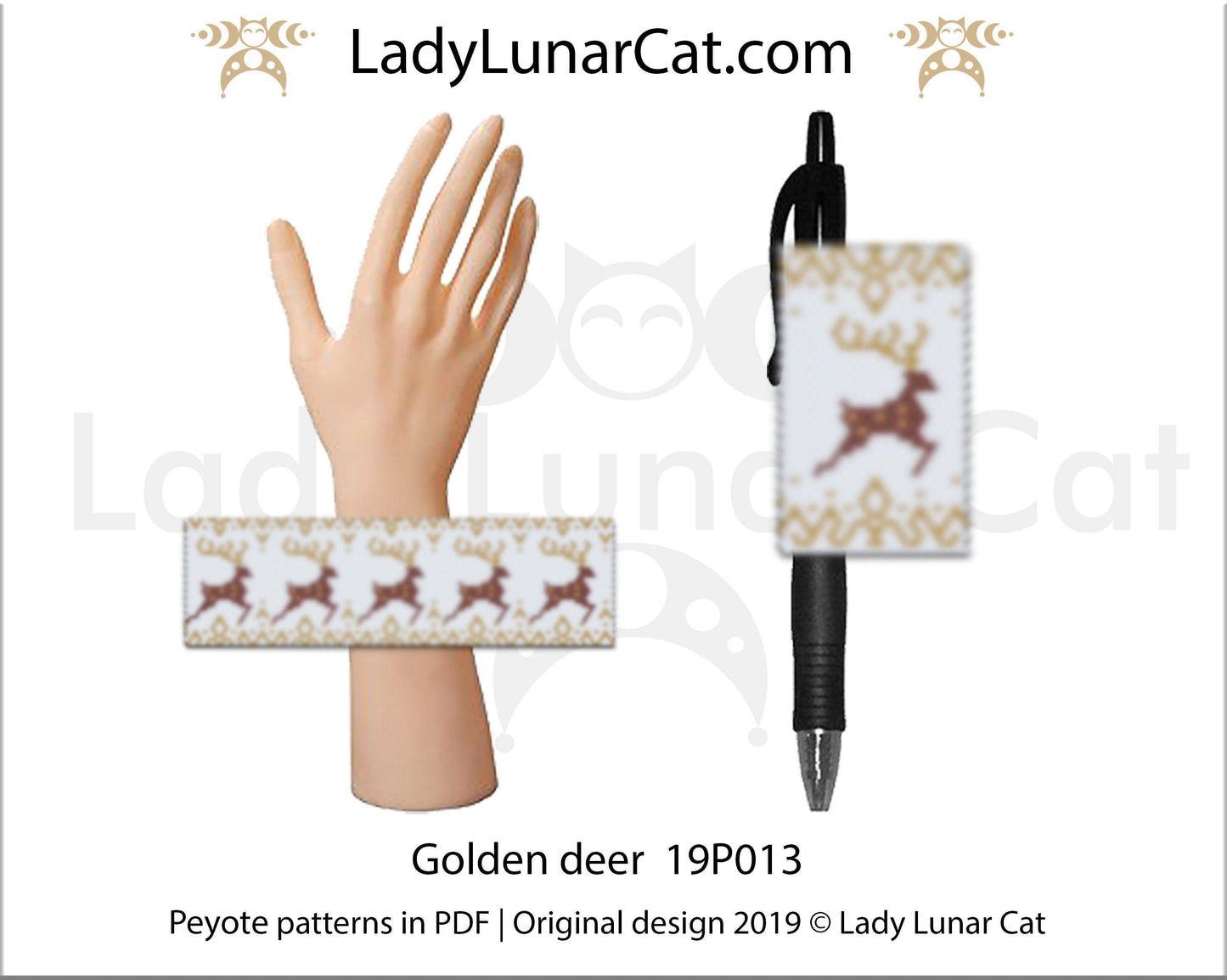 Peyote bracelet pattern for beading - Golden deer 19P013 | Winter pen cover pattern LadyLunarCat