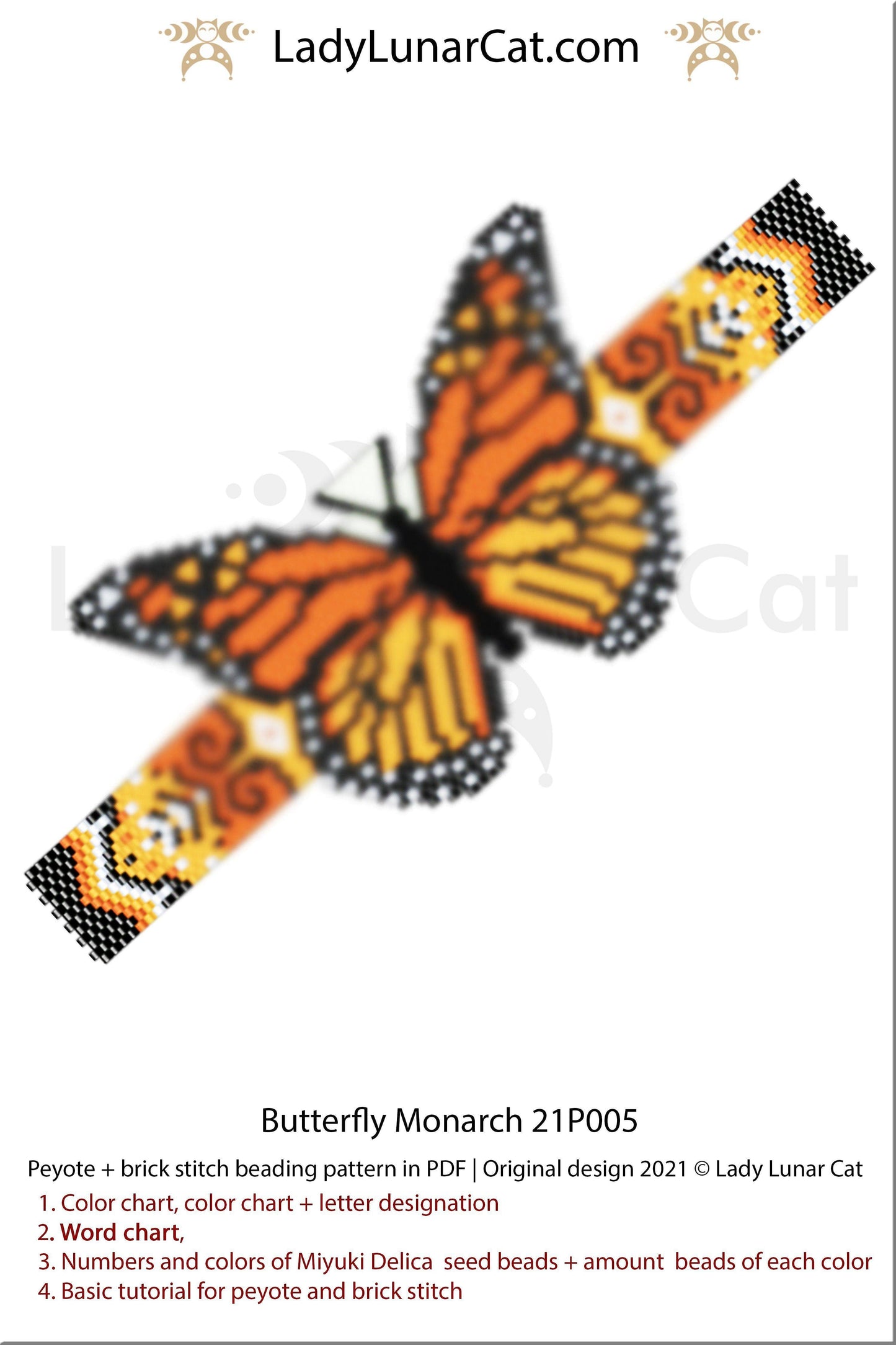 Peyote bracelet patterns for beading Butterfly Monarch 21P005 LadyLunarCat
