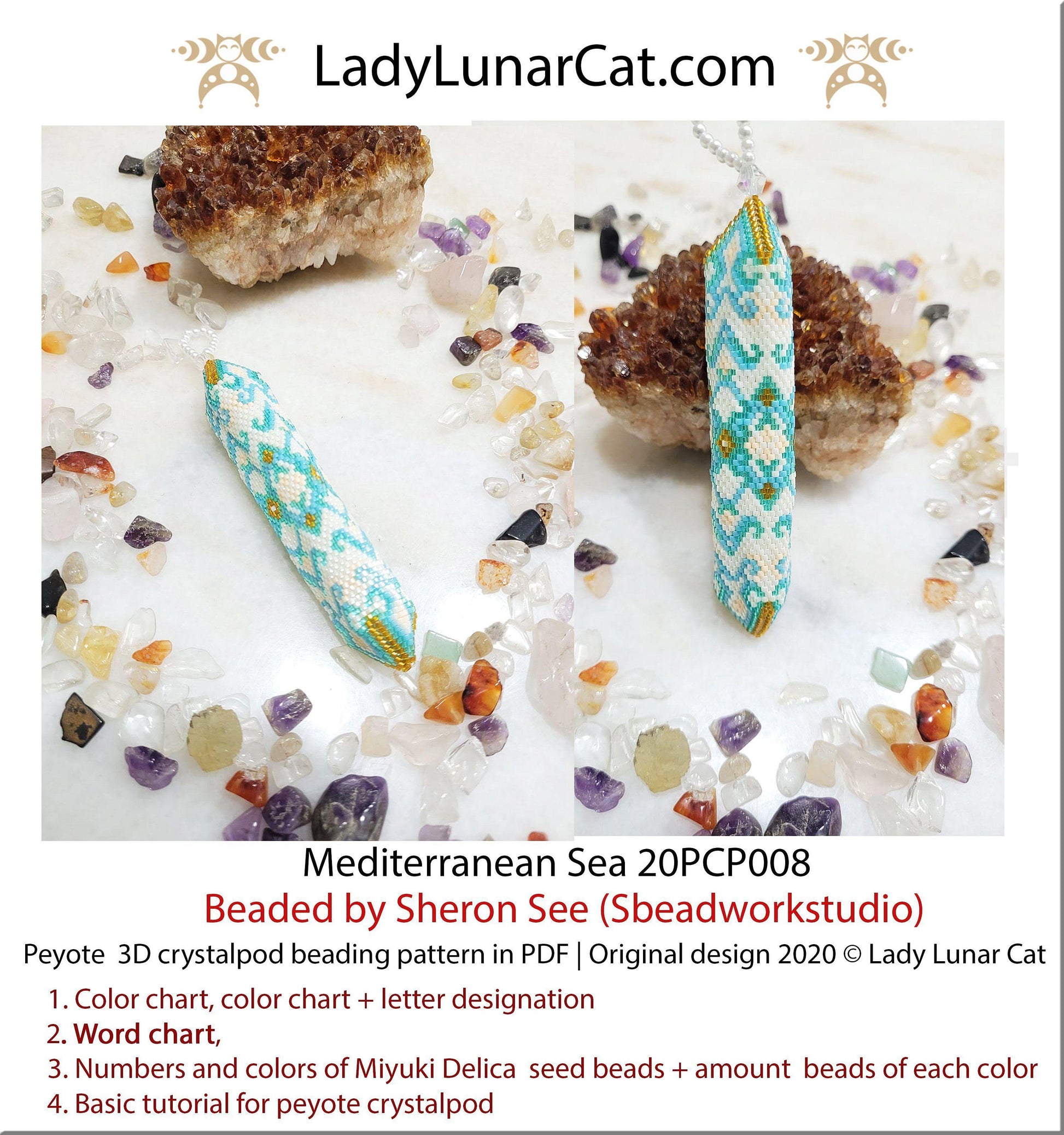 Peyote crystalpod pattern for beading - Mediterranean Sea 20PCP008, beaded ornament tutorial LadyLunarCat
