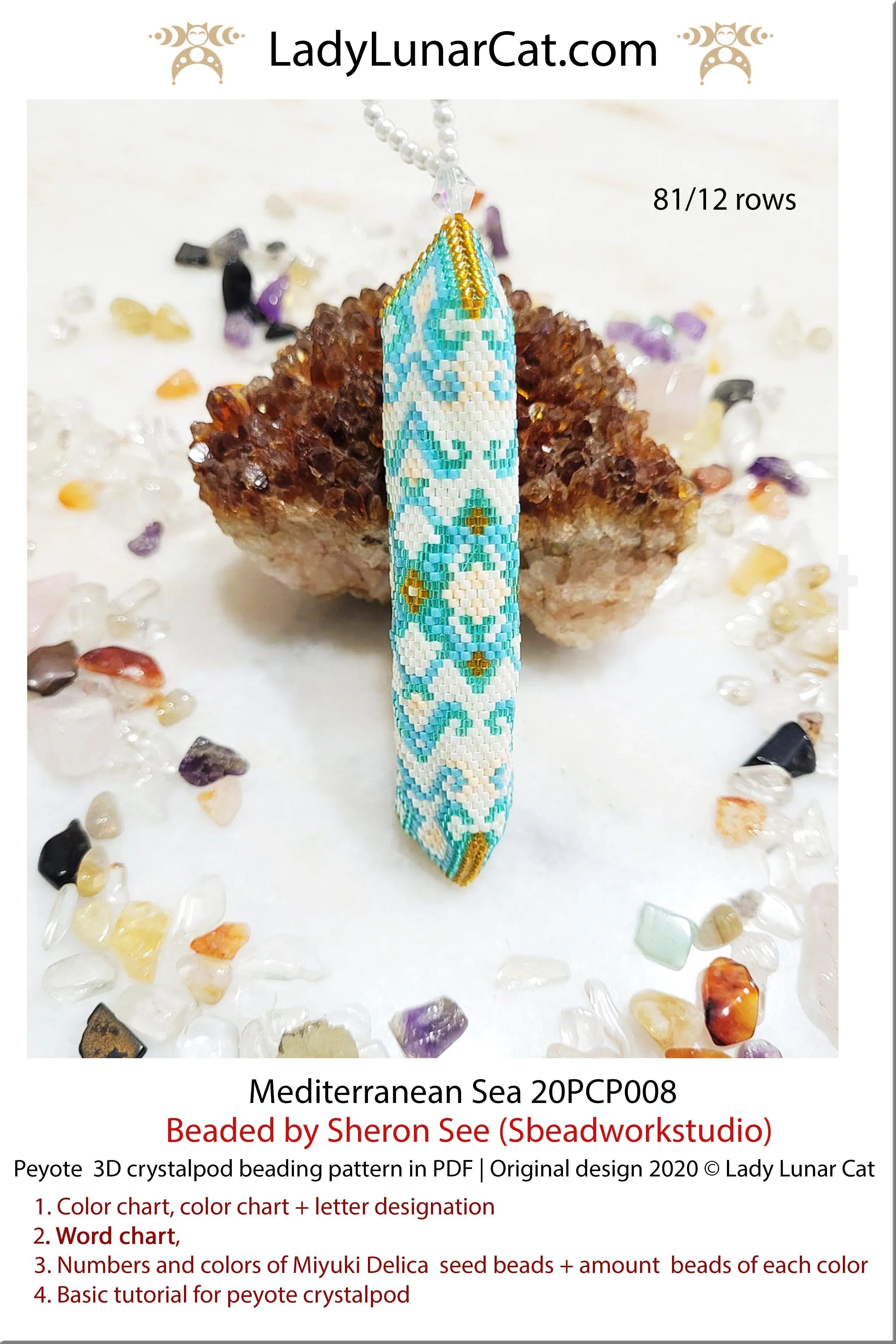 Beaded Mediterranean sea crystalpod pendant — peyote tutorial PDF for all levels