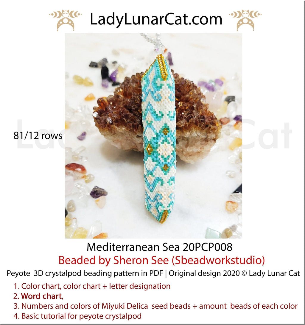 Peyote crystalpod pattern for beading - Mediterranean Sea 20PCP008, beaded ornament tutorial LadyLunarCat