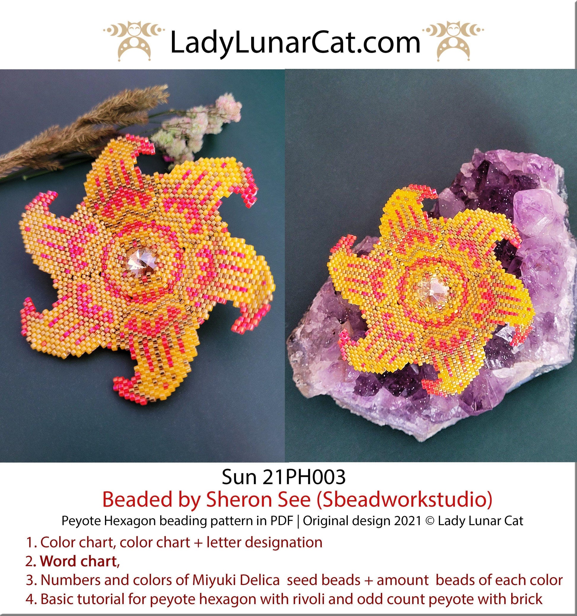 Peyote hexagon pattern for beading | Beaded hexagon Sun 21PH003 LadyLunarCat