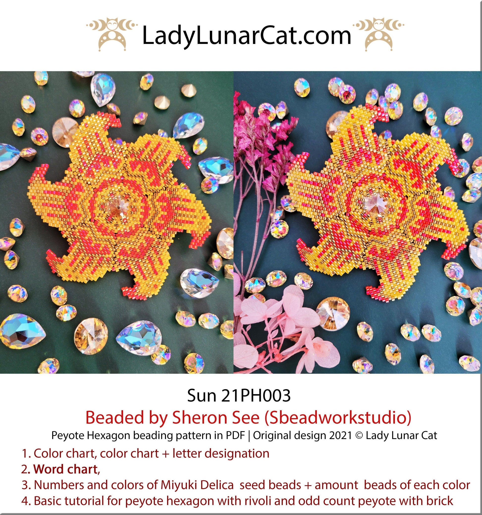 Peyote hexagon pattern for beading | Beaded hexagon Sun 21PH003 LadyLunarCat