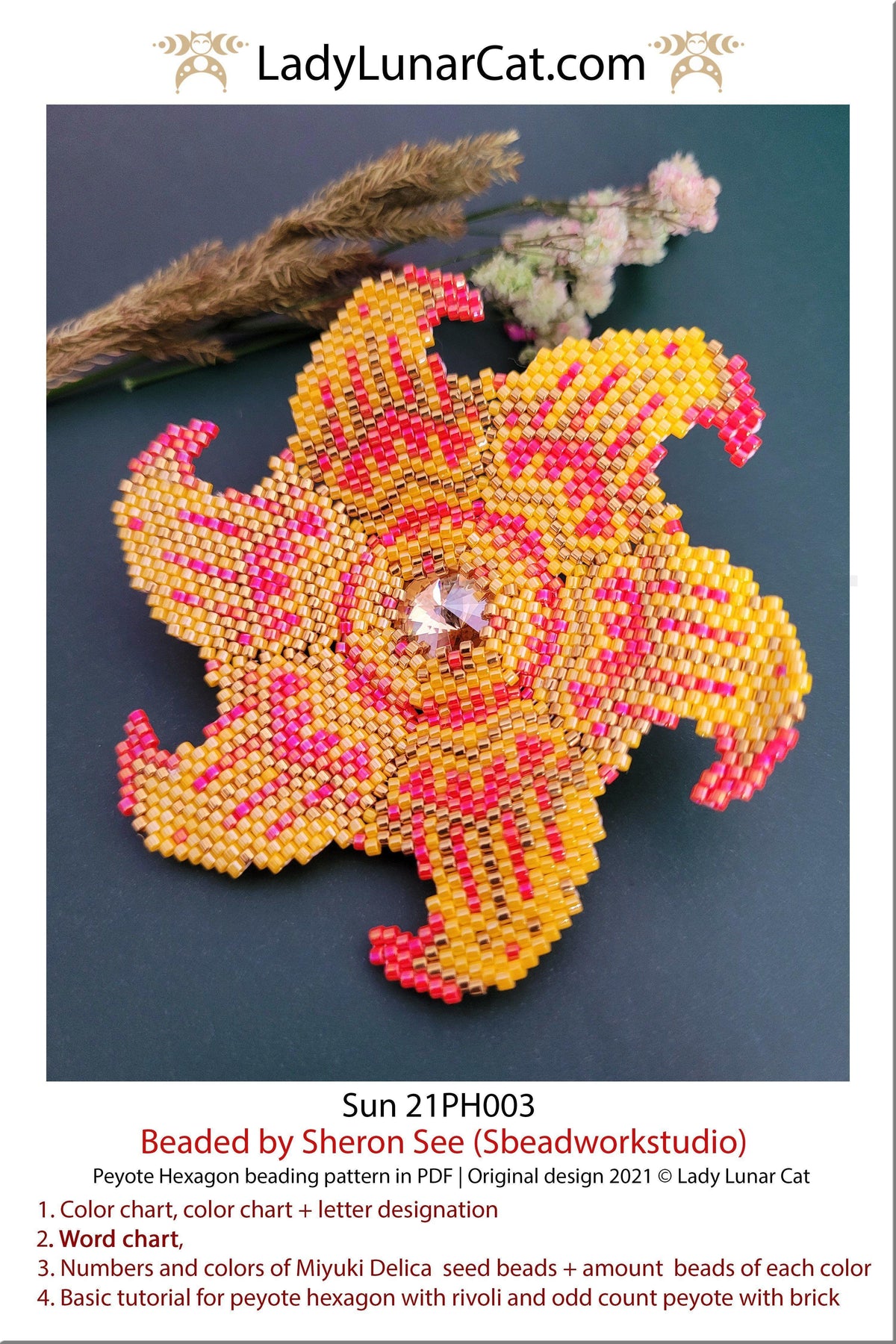 Peyote hexagon pattern for beading | Beaded hexagon Sun 21PH003 LadyLunarCat
