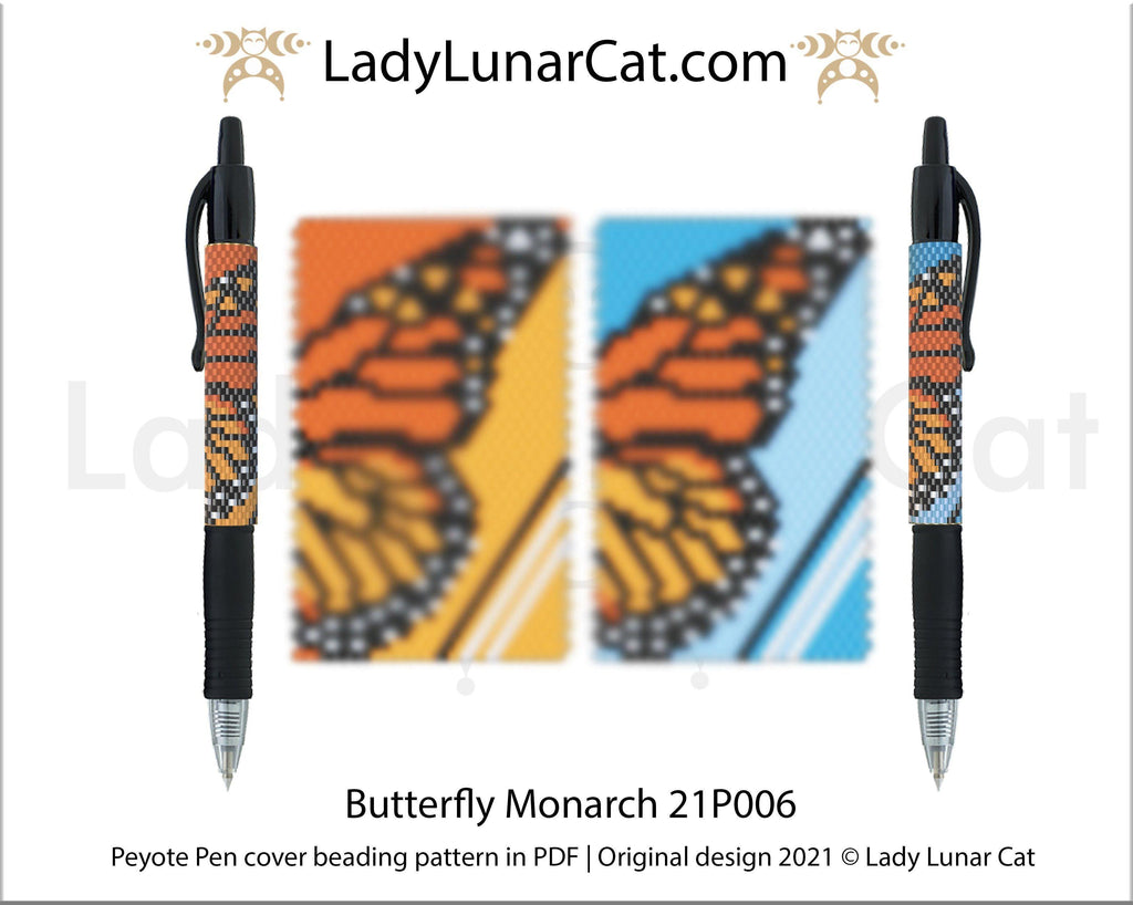 Peyote pen cover pattern for beading | Beaded pen wrap  tutorial Butterfly Monarch 21P006 LadyLunarCat