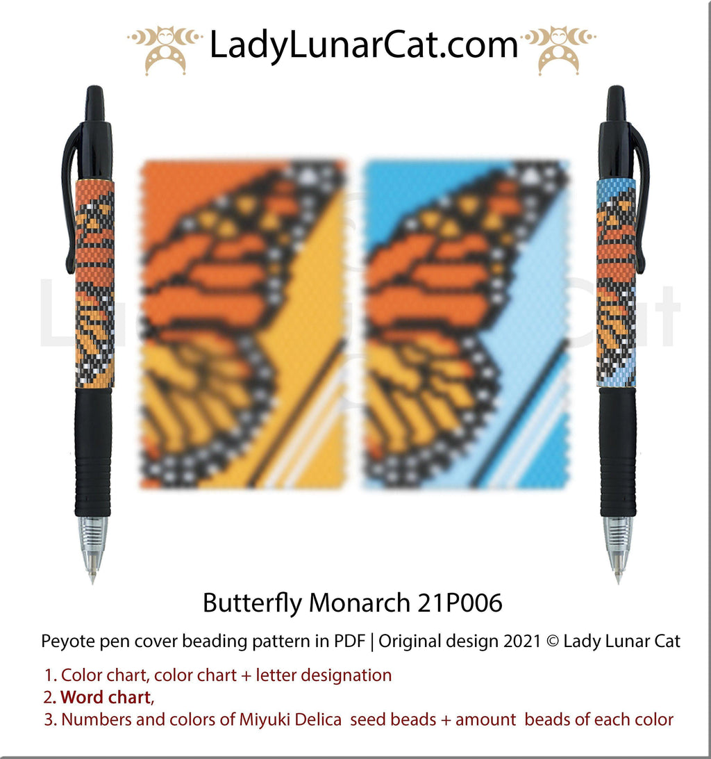 Peyote pen cover pattern for beading | Beaded pen wrap  tutorial Butterfly Monarch 21P006 LadyLunarCat