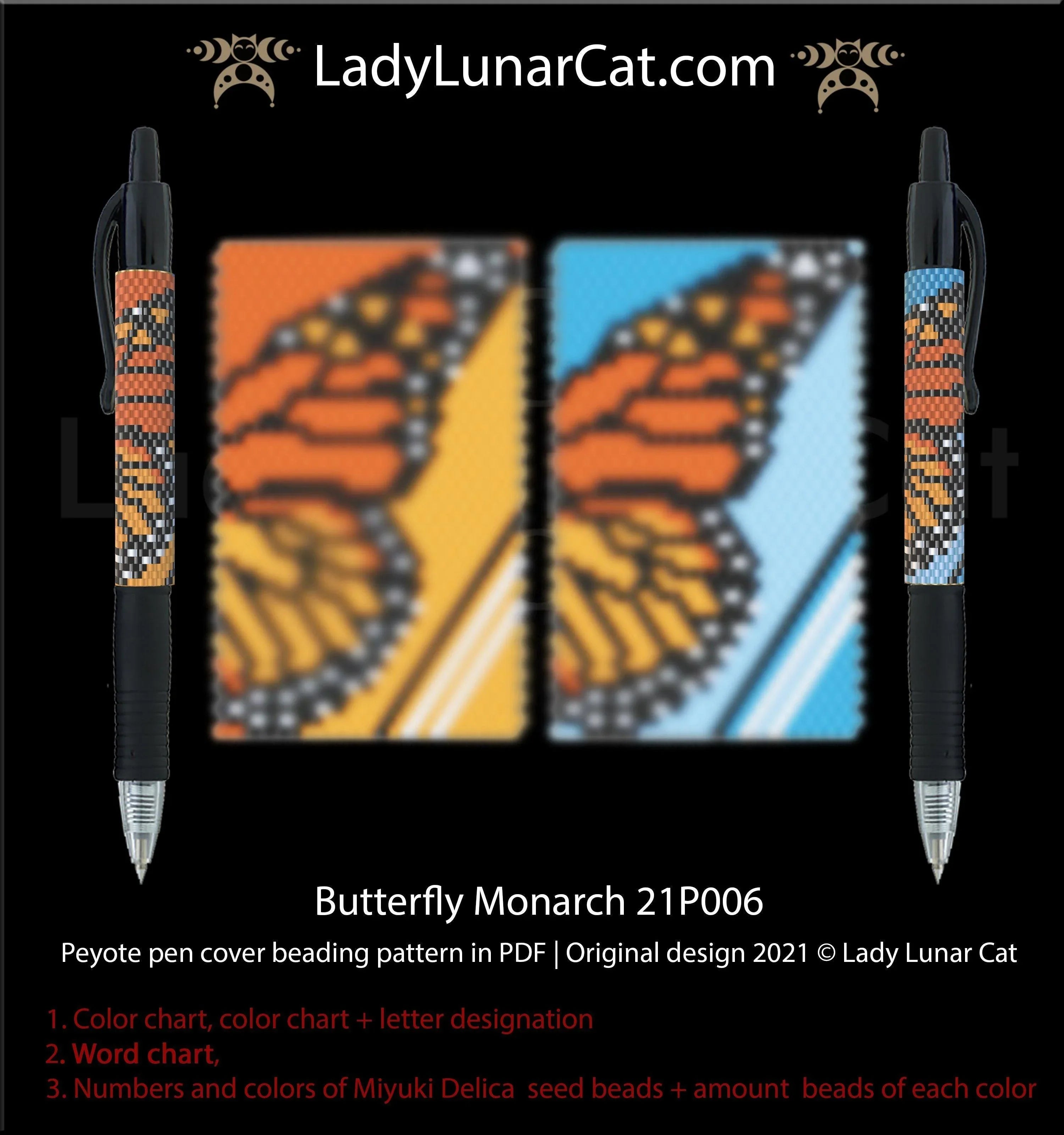 Monarch butterfly peyote pen wrap — version 1, 4 colors, 21×44 beads, Miyuki Delica 11/0