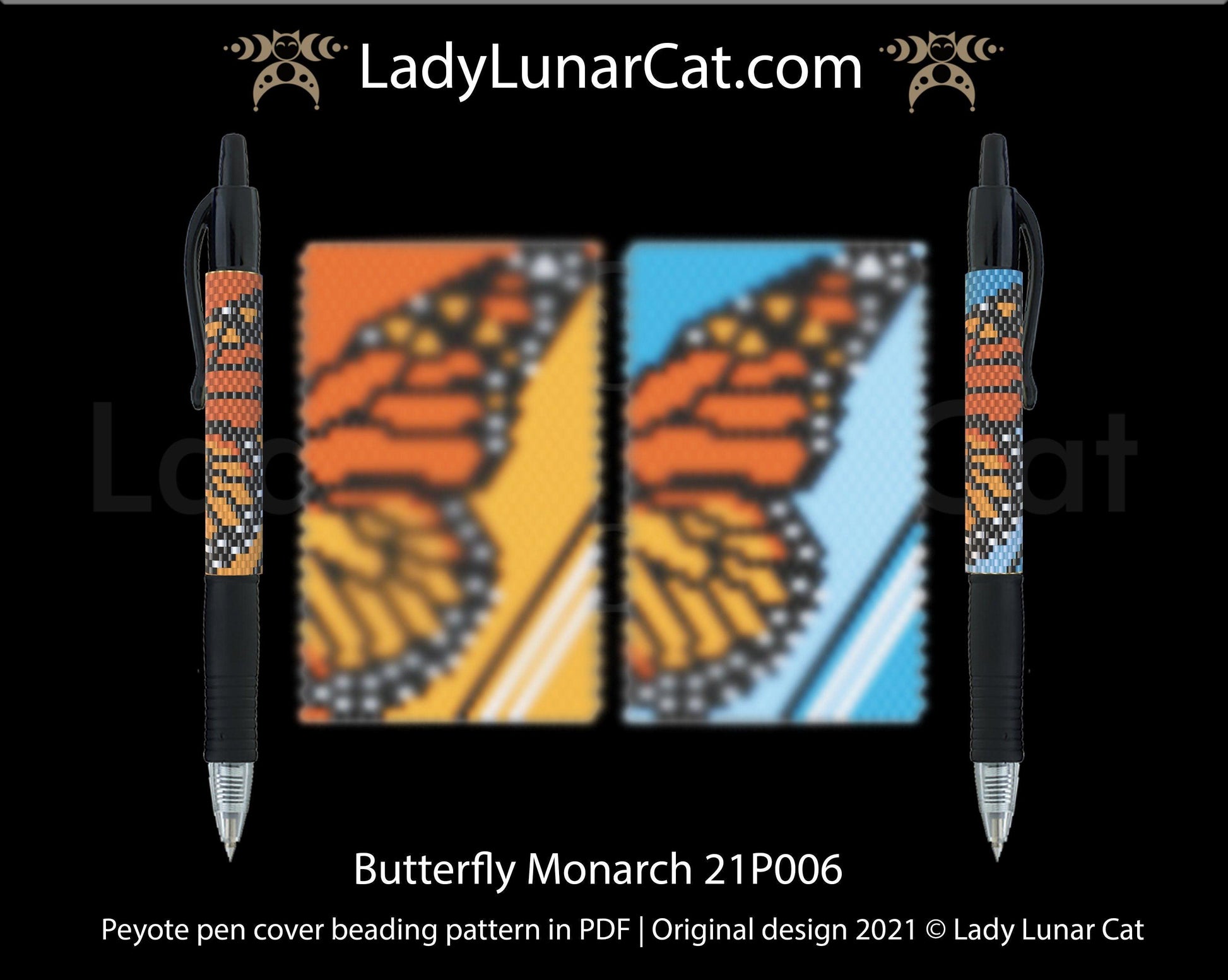 Peyote pen cover pattern for beading | Beaded pen wrap  tutorial Butterfly Monarch 21P006 LadyLunarCat