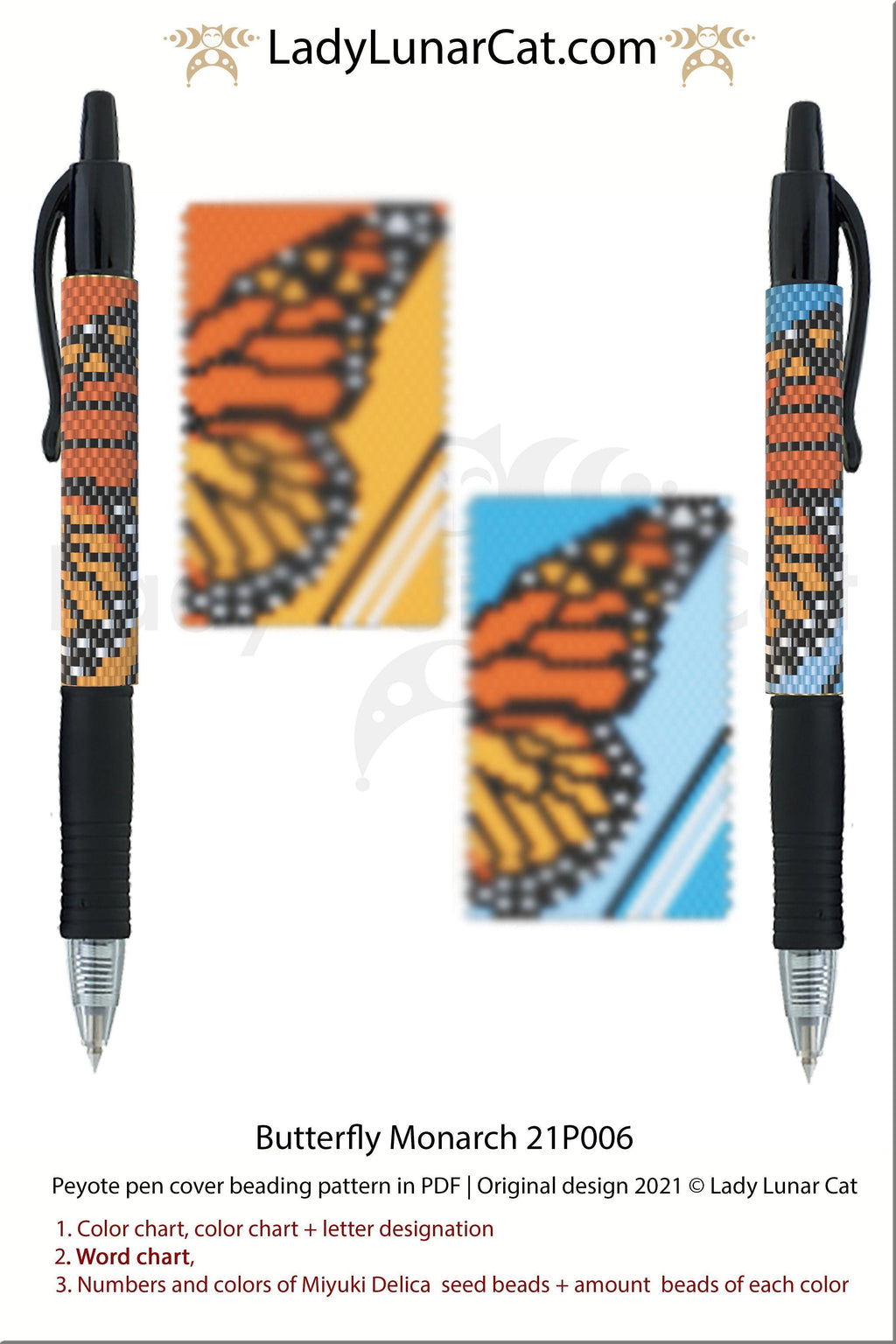 Peyote pen cover pattern for beading | Beaded pen wrap  tutorial Butterfly Monarch 21P006 LadyLunarCat