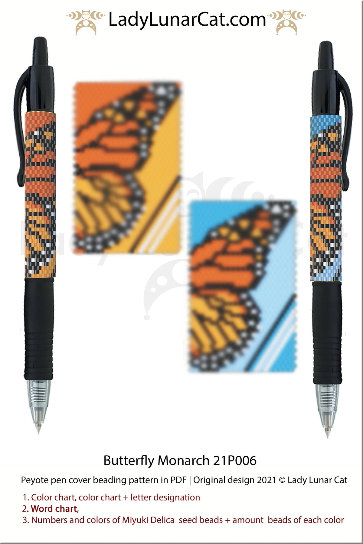 Monarch butterfly peyote pen wrap — version 2, 6 colors, detailed colorway, Miyuki Delica 11/0