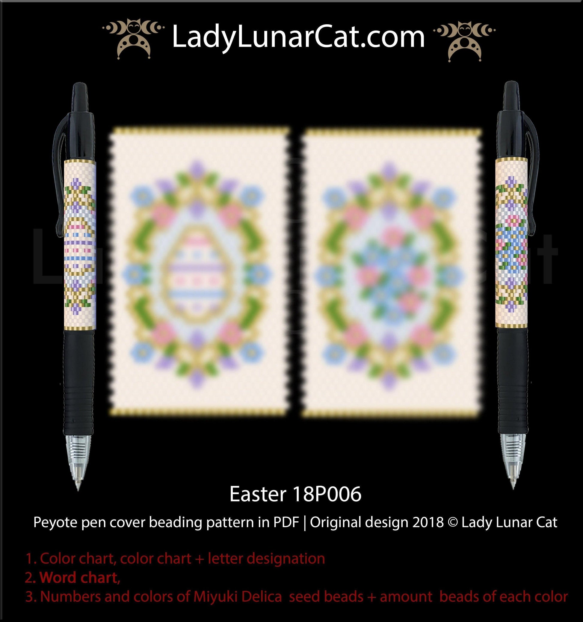 Peyote pen cover pattern for beading | Beaded pen wrap and rings tutorial Easter 18P006 LadyLunarCat