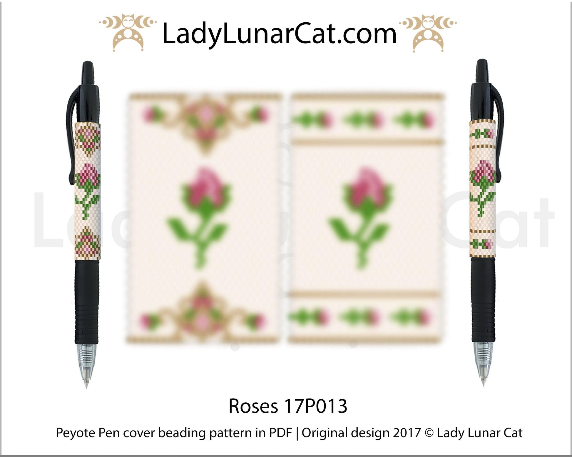 Peyote pen cover pattern for beading | Beaded pen wrap and rings tutorial Roses 17P013 LadyLunarCat