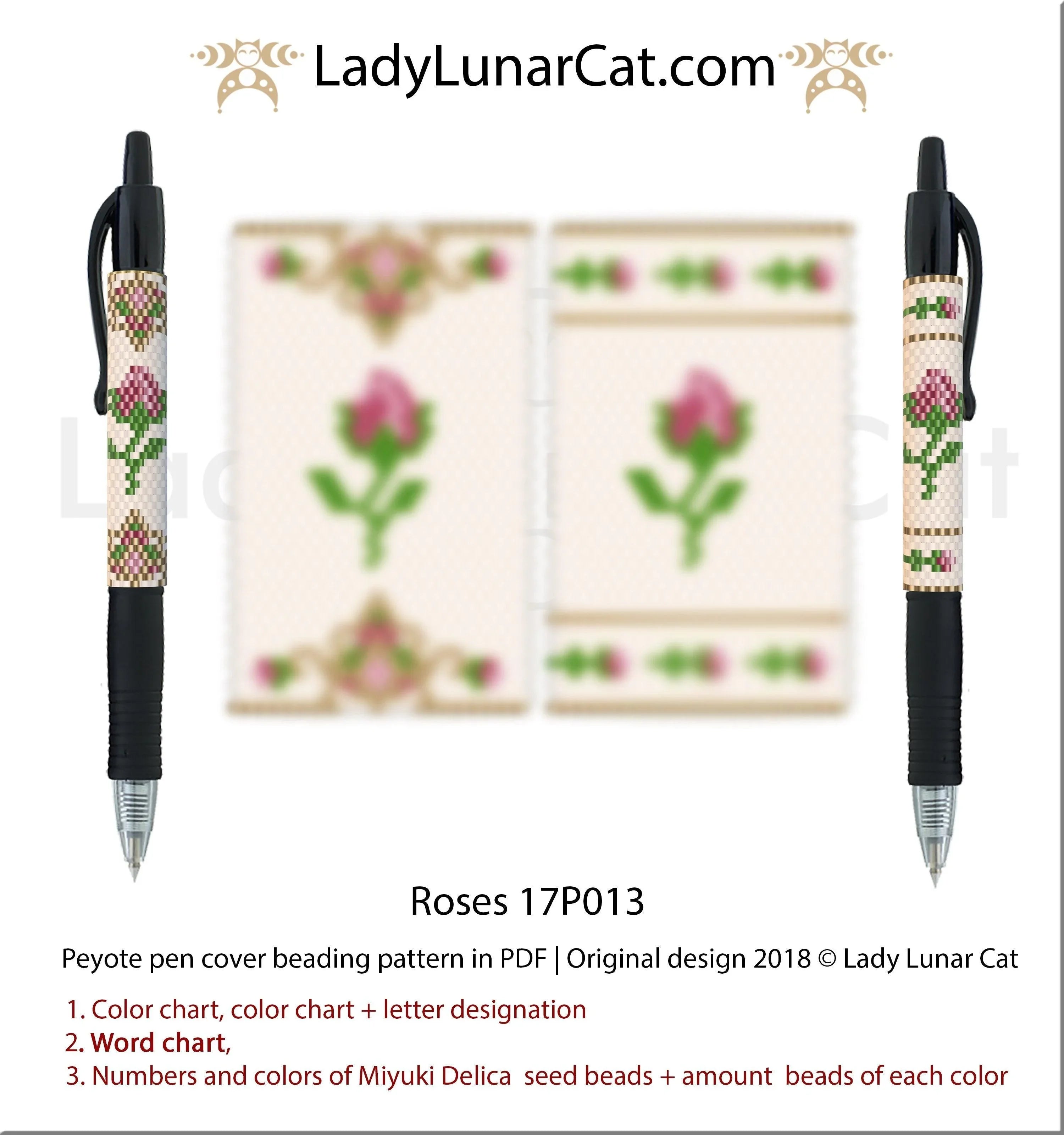 Roses beaded pen wrap variation 1 - vintage rose 5 colors Miyuki Delica LadyLunarCat