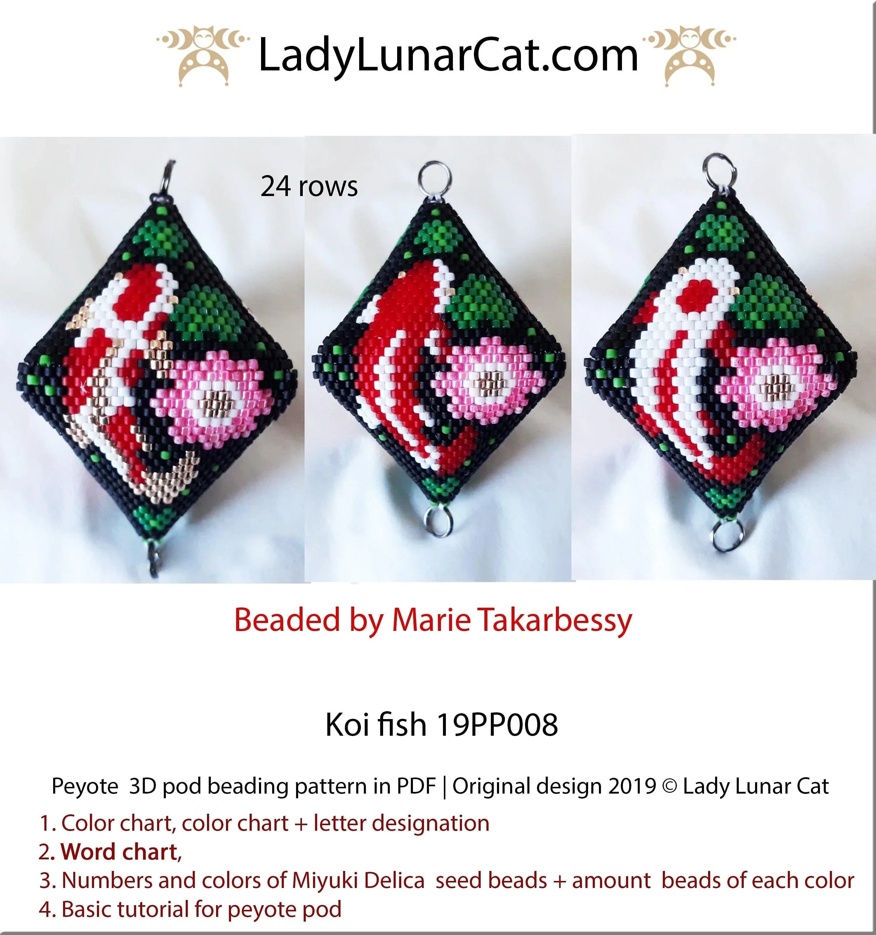 3D peyote pod koi fish — 4 versions oriental Japanese garden instant download LadyLunarCat